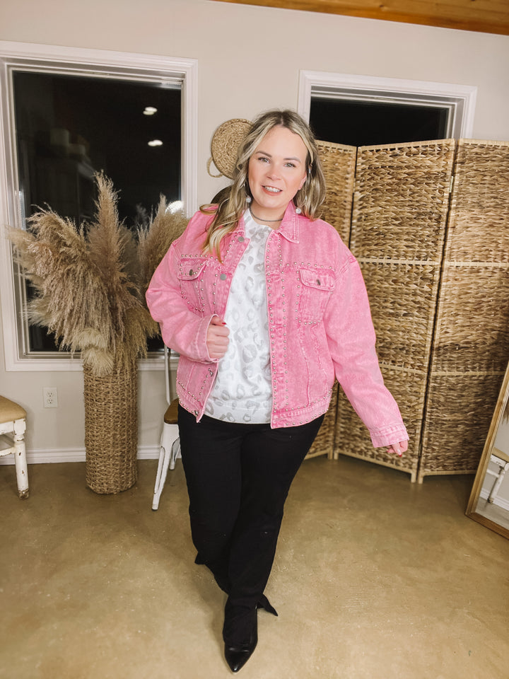 Always Impressed Cropped Denim Jacket with Silver Studs in Pink - Giddy Up Glamour Boutique