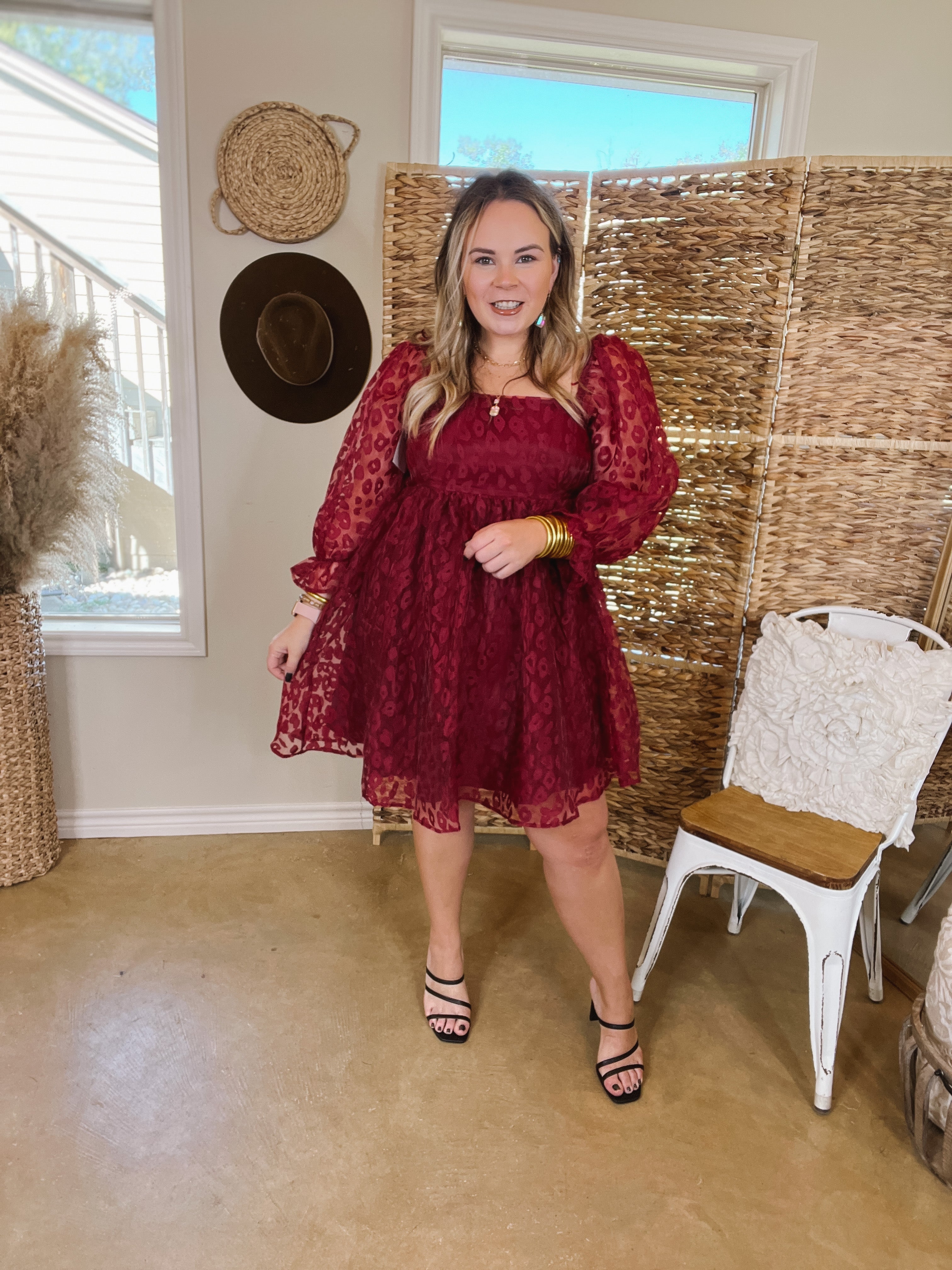 Whirl The Night Away Sheer Leopard Print Dress with 3/4 Sleeves in Maroon - Giddy Up Glamour Boutique