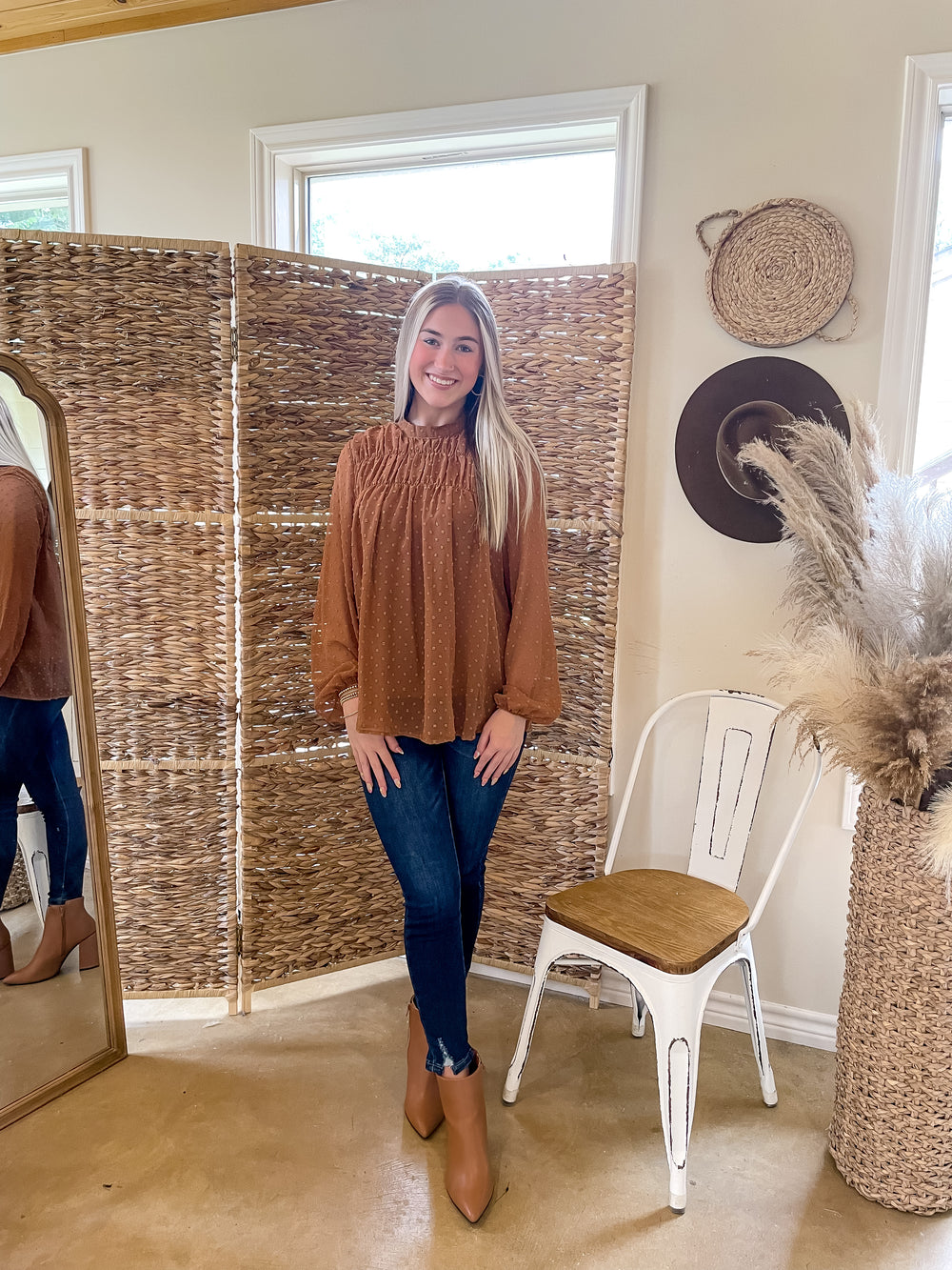 Lattes At The Lodge High Neck Swiss Dot Top in Rust Brown - Giddy Up Glamour Boutique