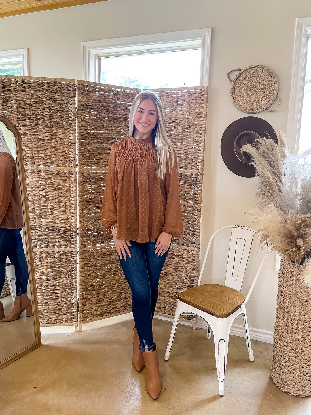 Lattes At The Lodge High Neck Swiss Dot Top in Rust Brown - Giddy Up Glamour Boutique