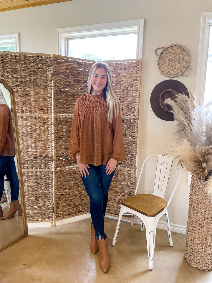 Lattes At The Lodge High Neck Swiss Dot Top in Rust Brown - Giddy Up Glamour Boutique