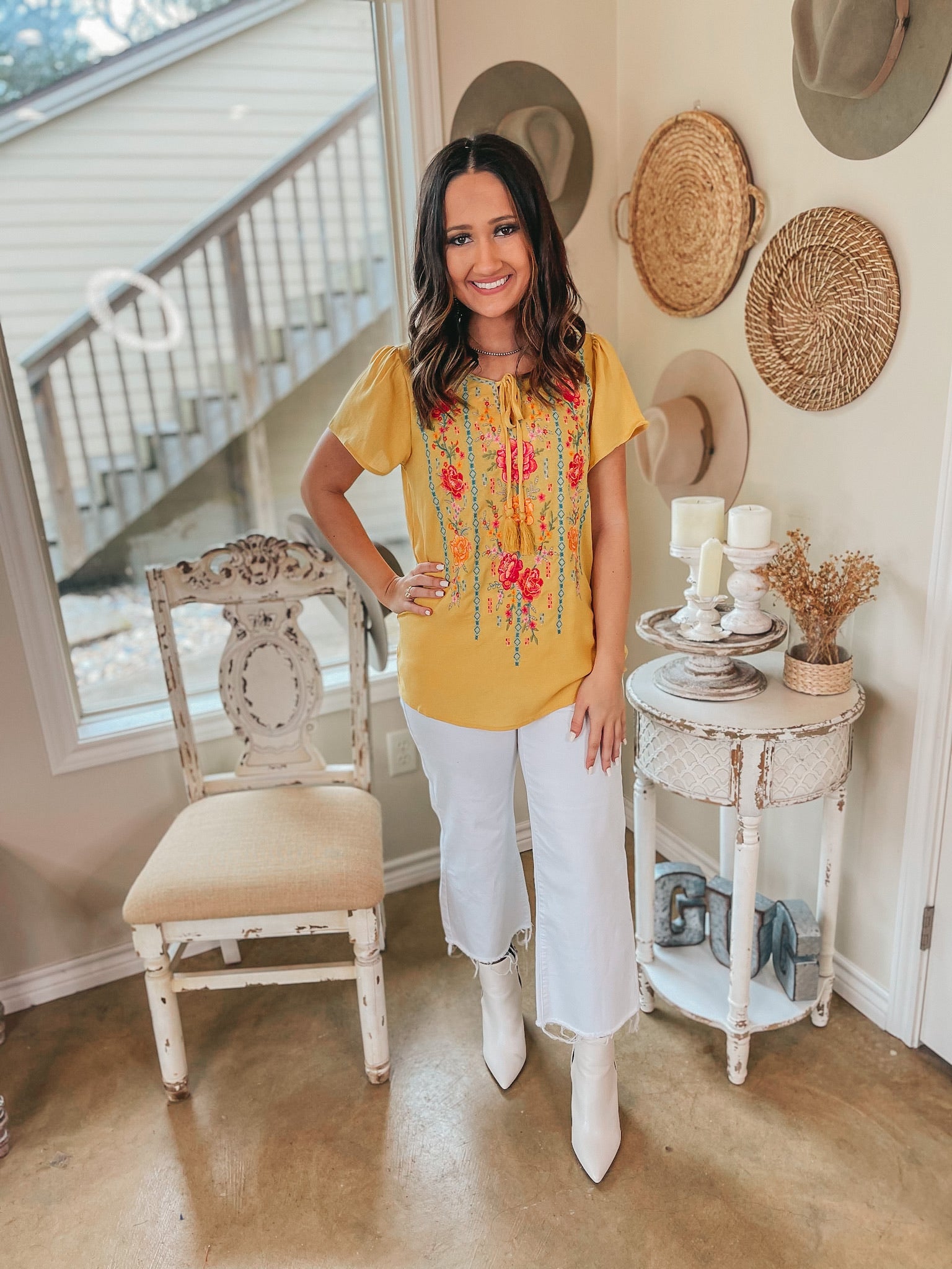 Last Chance Size Small | Classic Summer Look Floral Embroidered Front Tie Top in Mustard Yellow - Giddy Up Glamour Boutique