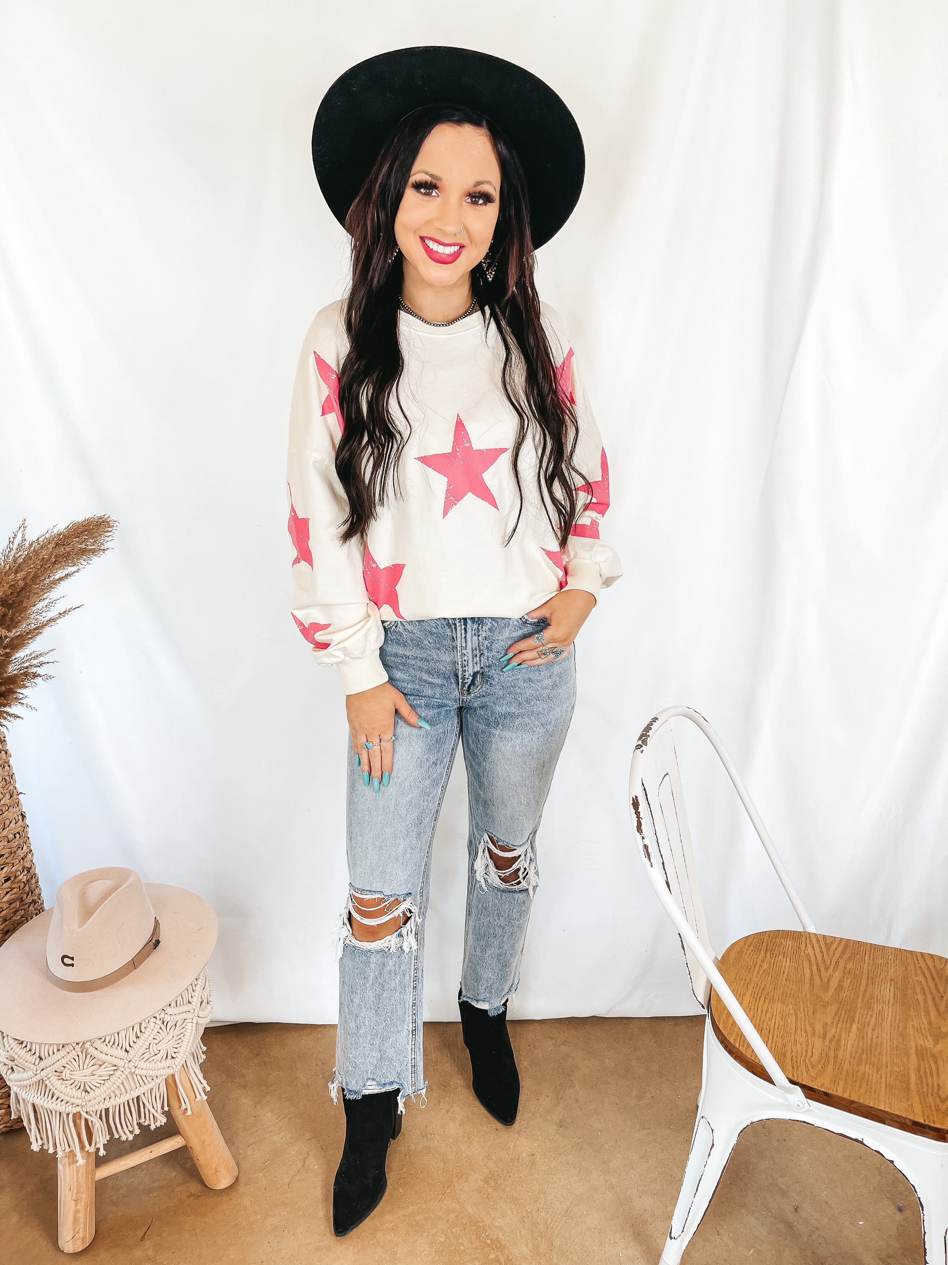 Stars and Kisses Long Sleeve Pullover Sweatshirt with Distressed Stars in Ivory - Giddy Up Glamour Boutique