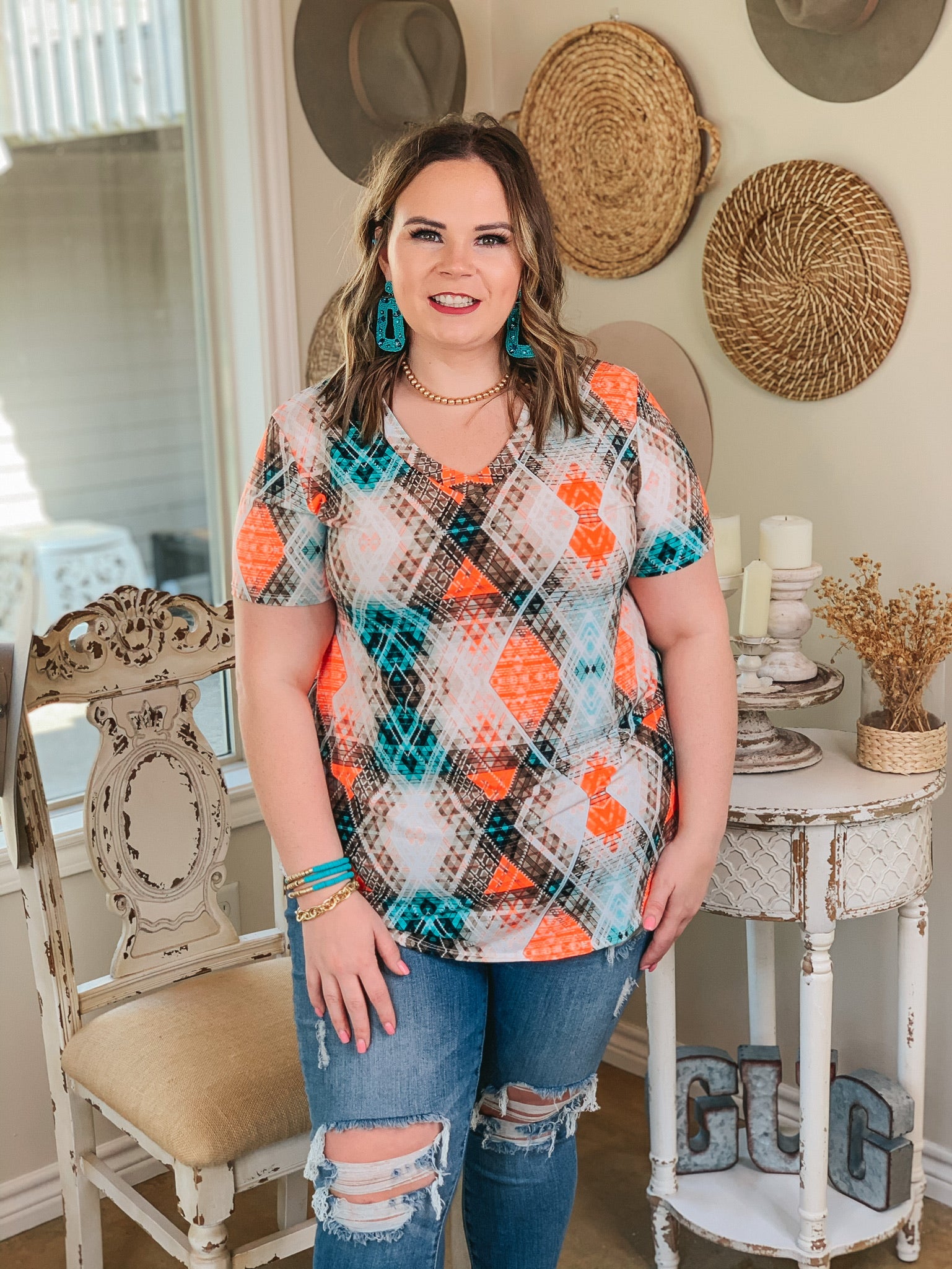 Last Chance Small | Keep Things Simple Aztec V Neck Tee in Mint and Orange - Giddy Up Glamour Boutique