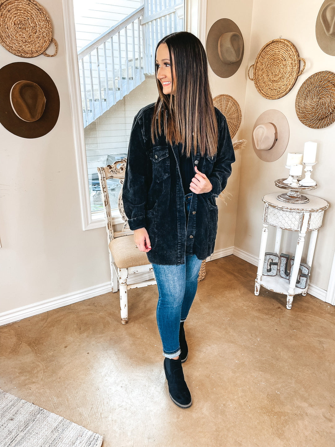 Release Your Worries Button Up Corduroy Long Shacket in Black - Giddy Up Glamour Boutique
