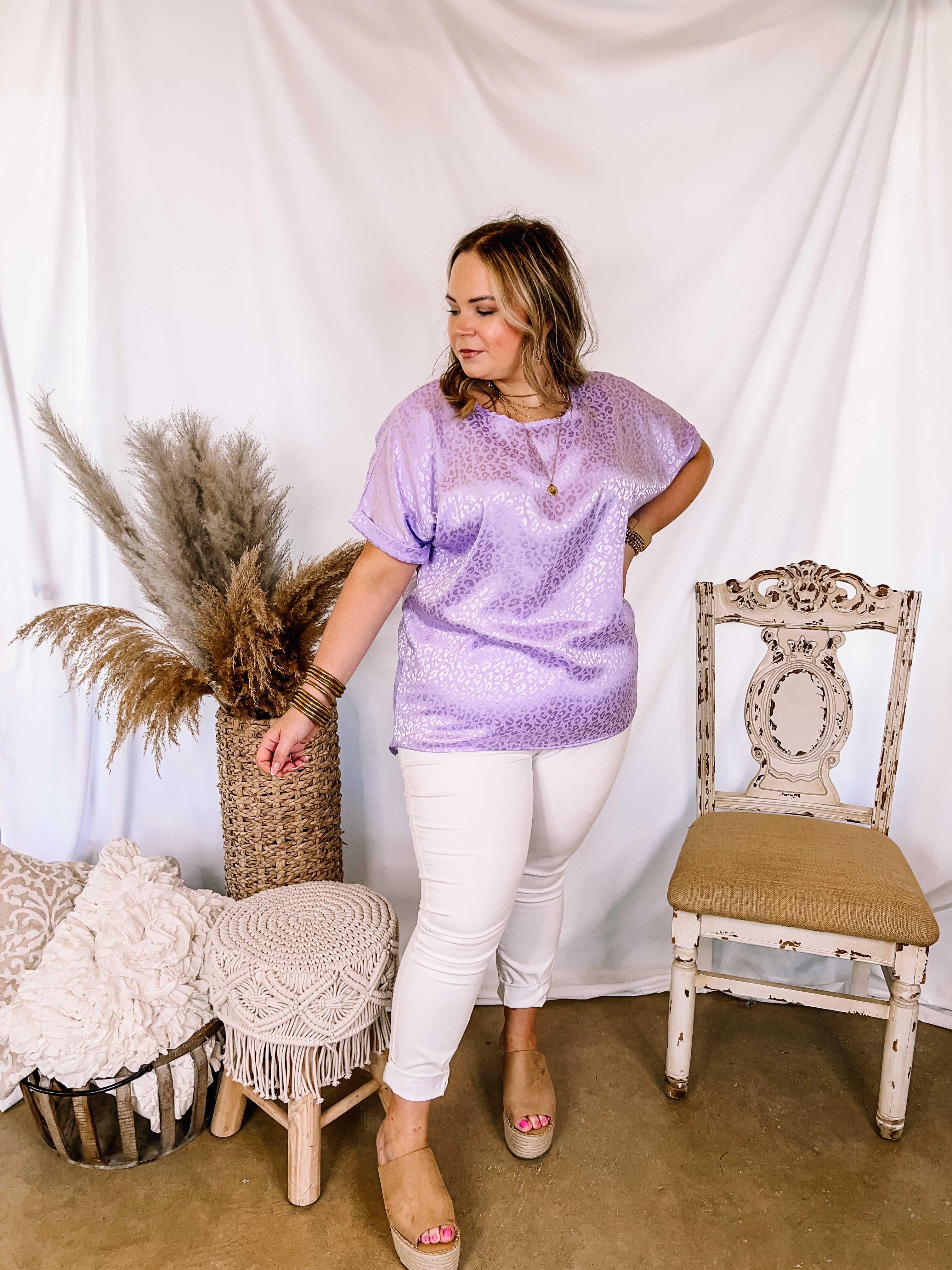 Complete Awe Short Sleeve Satin Leopard Print Top in Lavender - Giddy Up Glamour Boutique