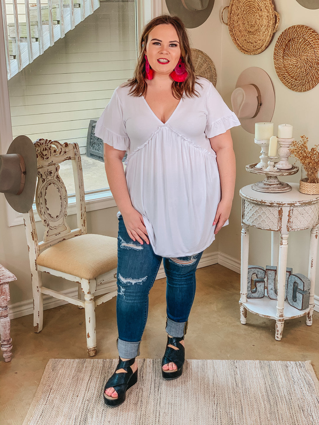 Upon Request Ruffle Detailed Short Sleeve Babydoll Top in White - Giddy Up Glamour Boutique