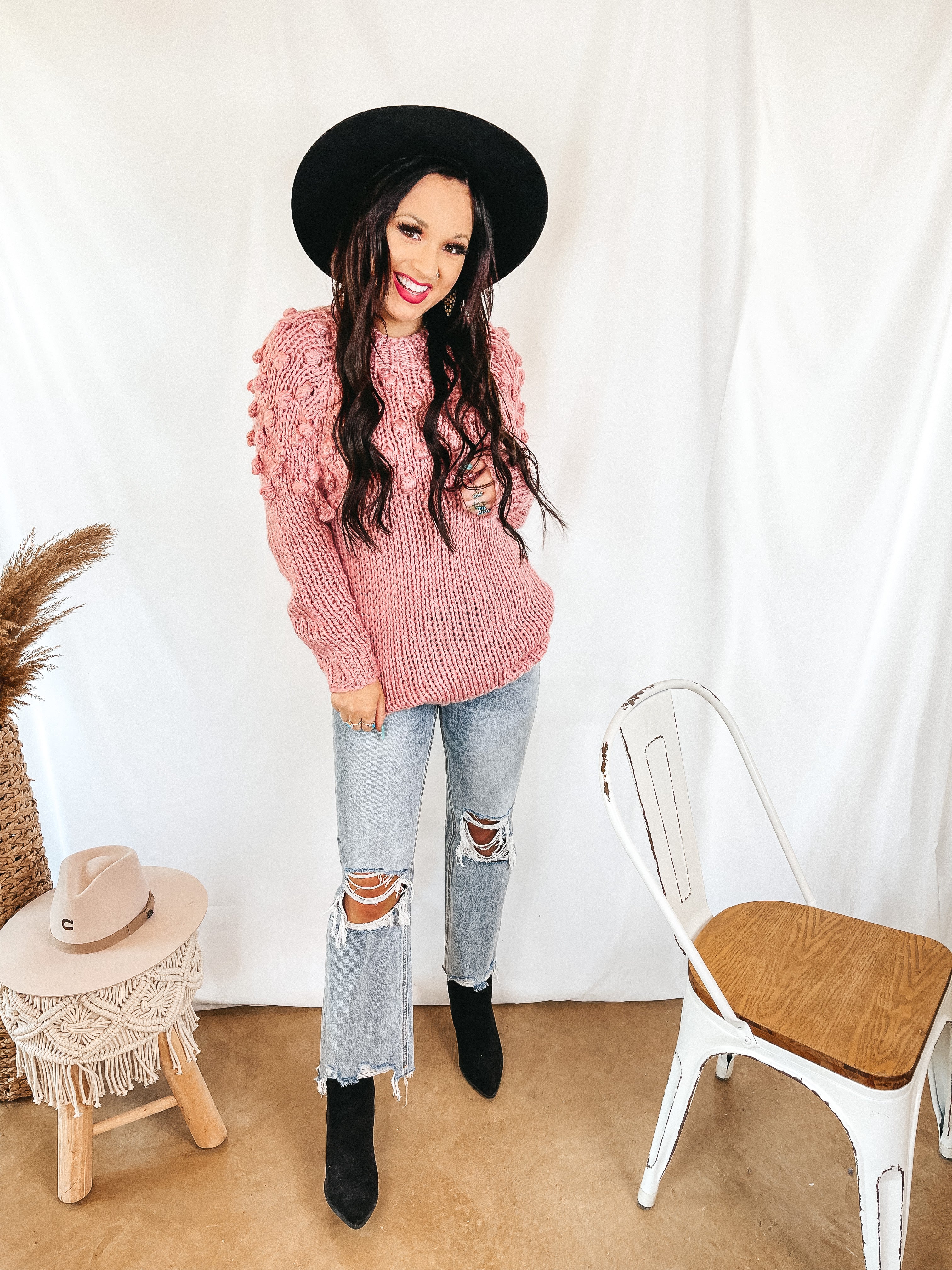 Puff of Magic High Neck Sweater with Pom-Pom Upper in Pink - Giddy Up Glamour Boutique