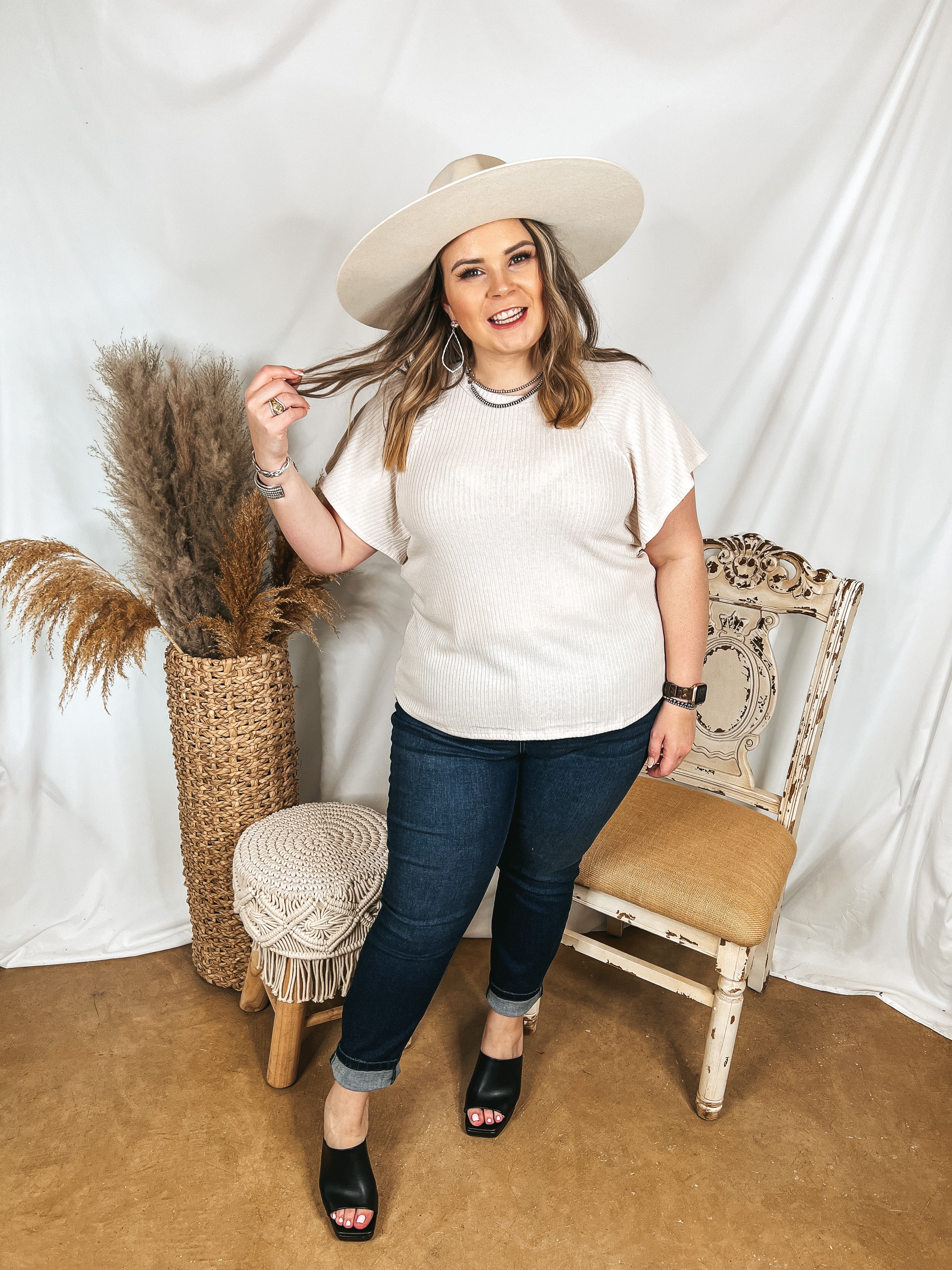 Clever and Kind Ribbed Short Sleeve Top in Cream - Giddy Up Glamour Boutique
