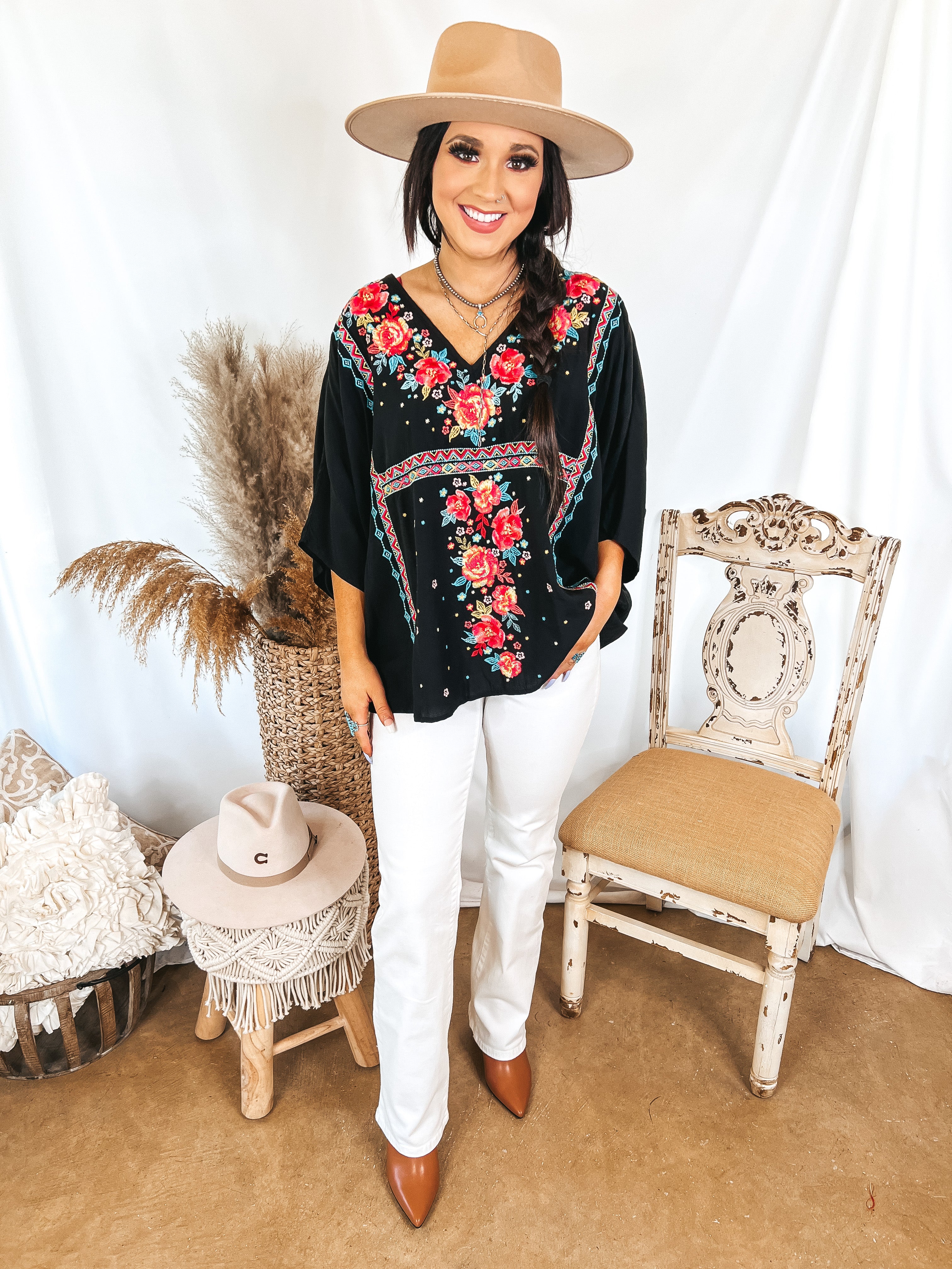 More To The Story Floral Embroidered Poncho Top in Black - Giddy Up Glamour Boutique
