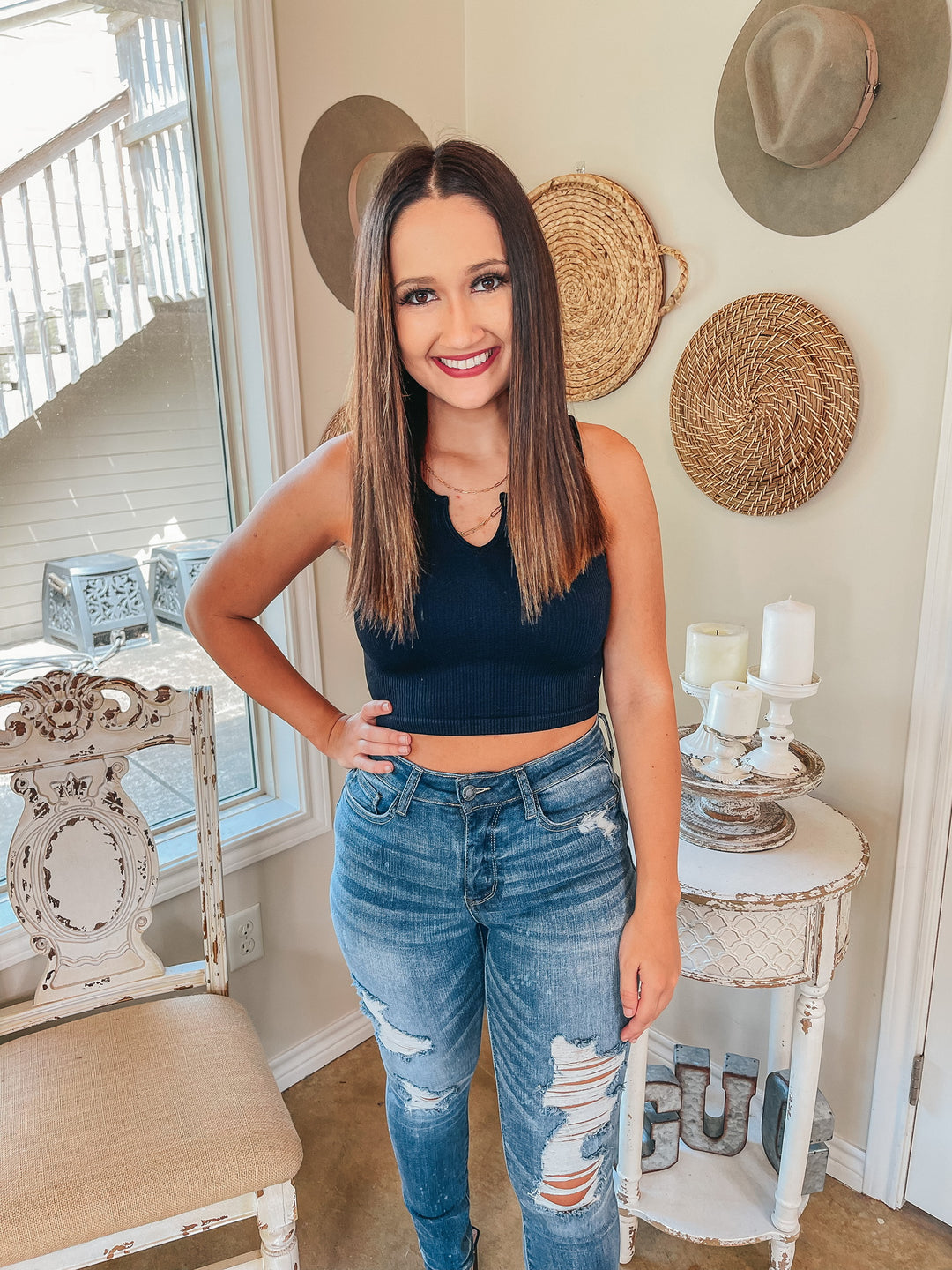 Dream Babe Notched Neckline Crop Tank Top in Black - Giddy Up Glamour Boutique