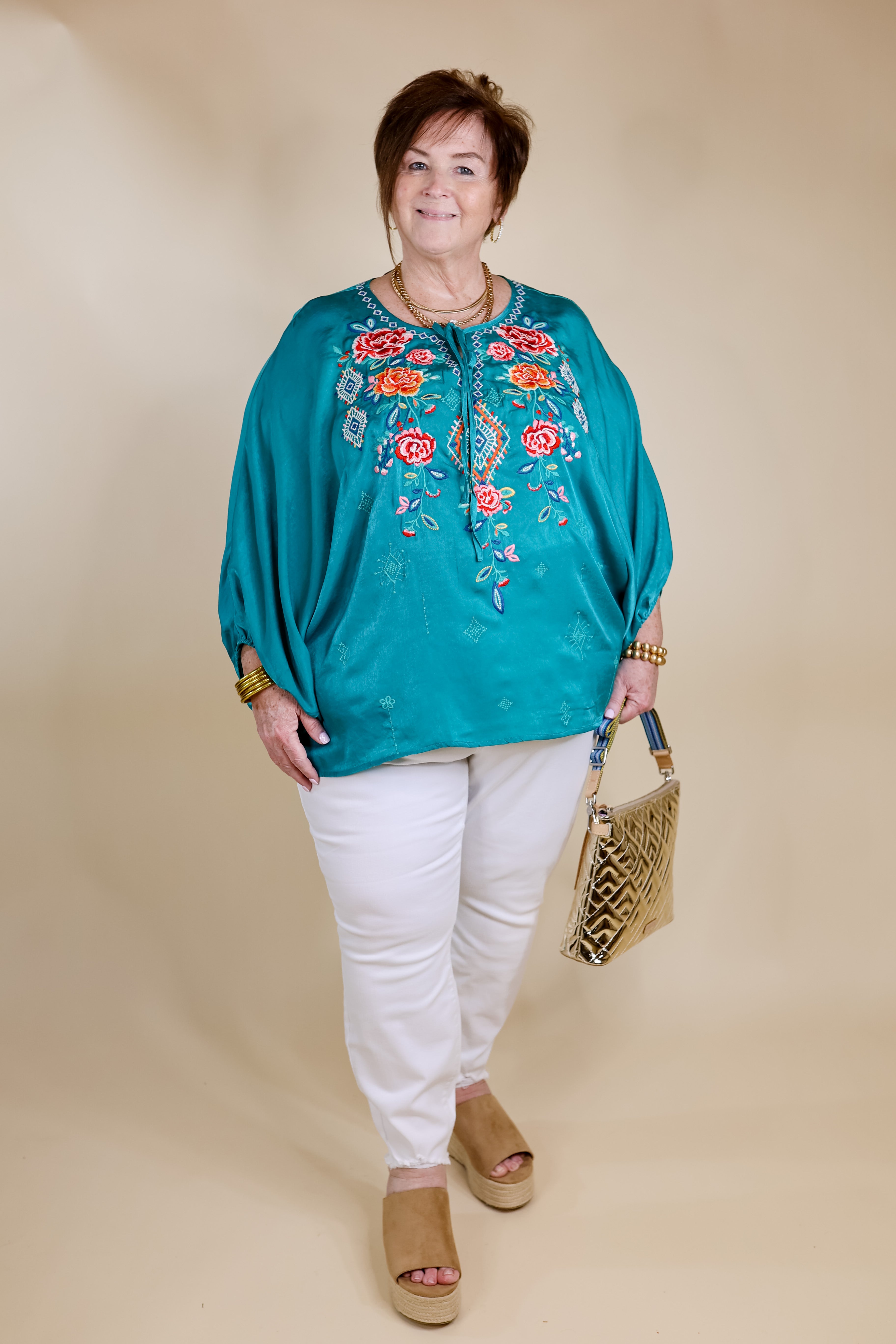 Never Out Done Floral Embroidered Poncho Top with Front Keyhole in Teal - Giddy Up Glamour Boutique