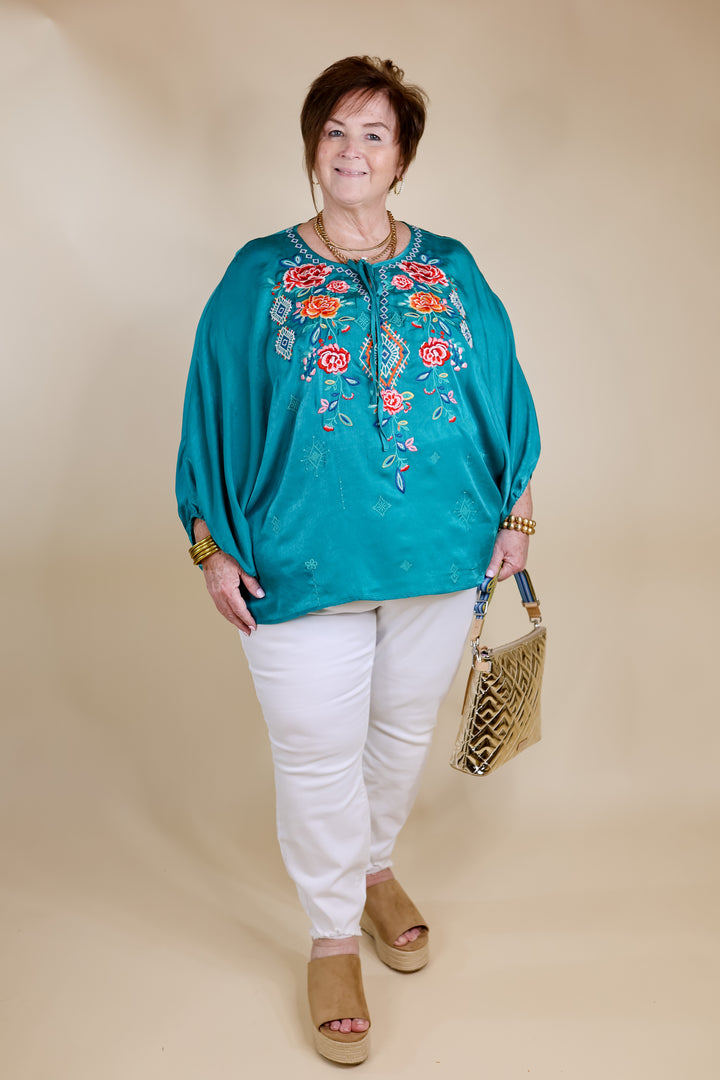 Never Out Done Floral Embroidered Poncho Top with Front Keyhole in Teal - Giddy Up Glamour Boutique