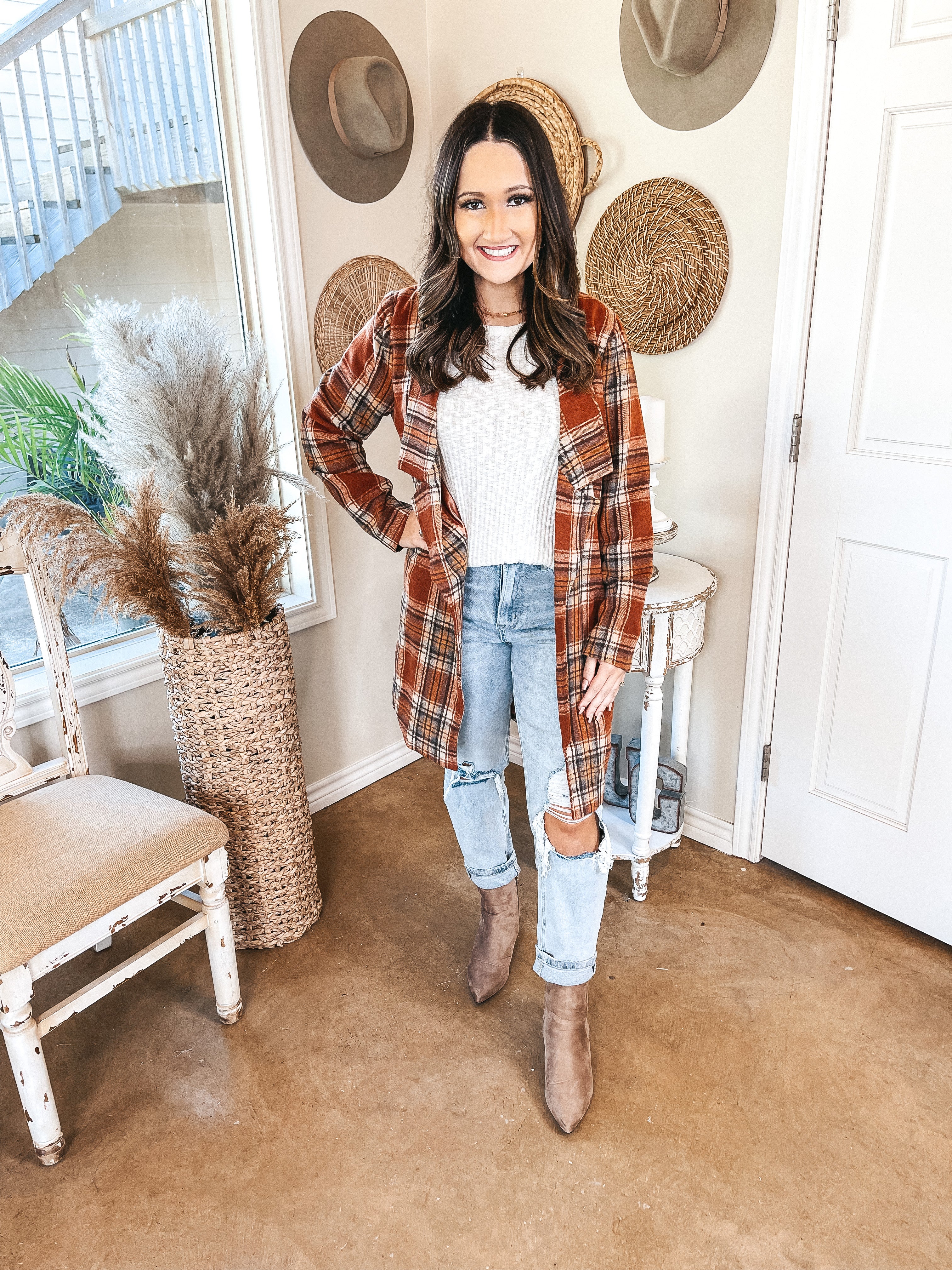 Mountain Ranch Long Plaid Jacket in Rust - Giddy Up Glamour Boutique
