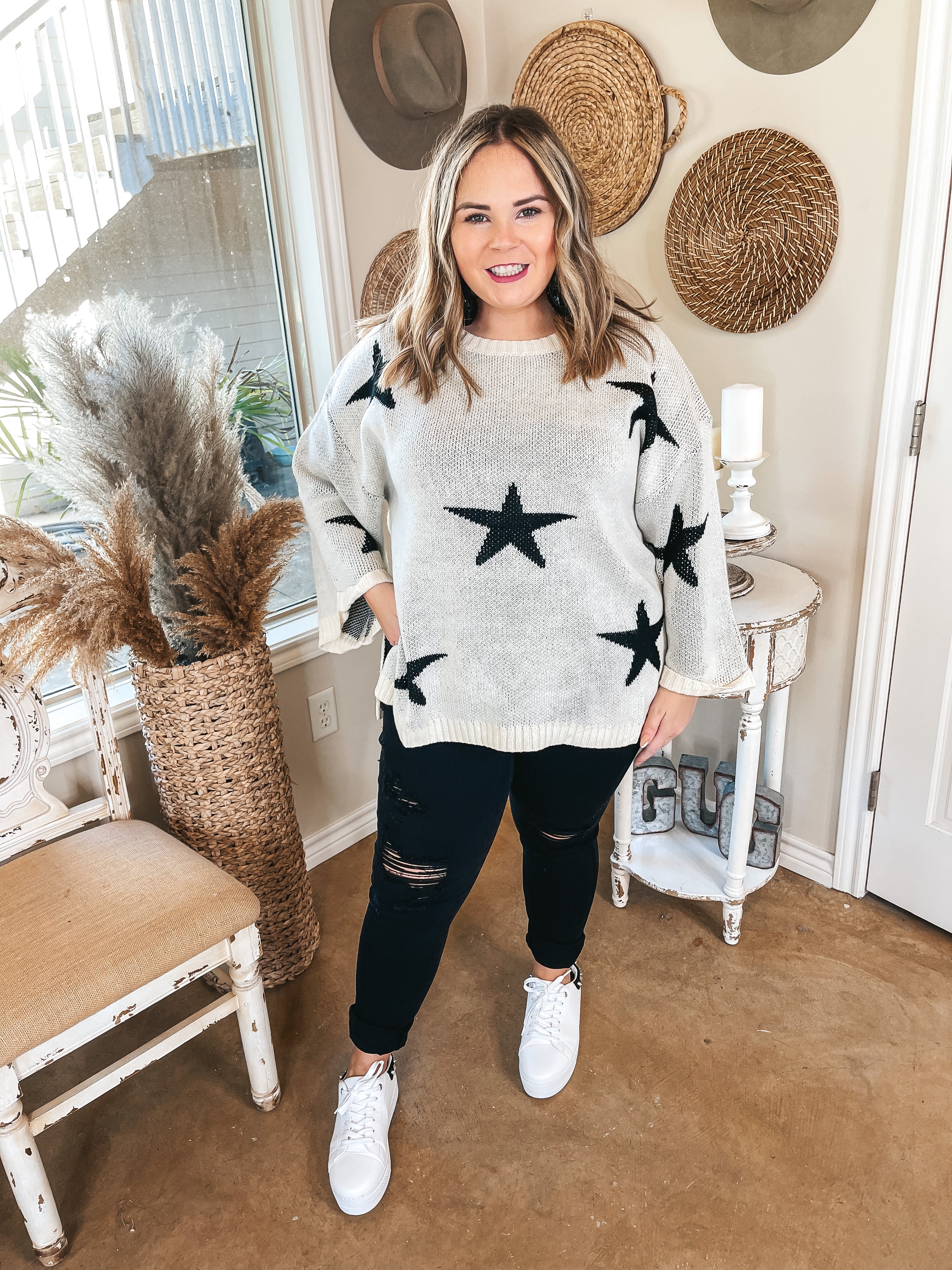 Brightest Dreams Star Print Oversized Sweater in Ivory - Giddy Up Glamour Boutique