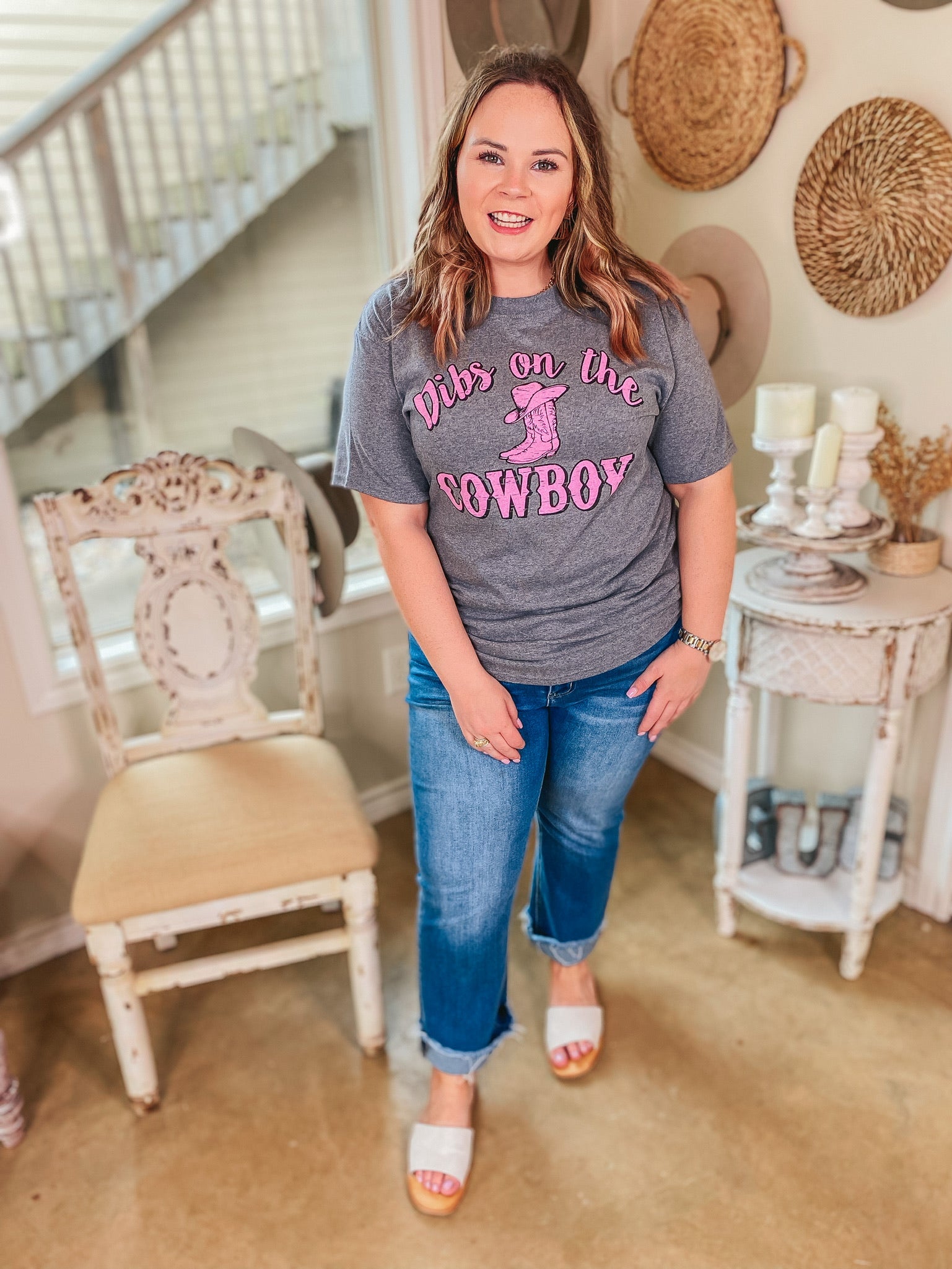 Dibs on the Cowboy Short Sleeve Graphic Tee in Heather Grey - Giddy Up Glamour Boutique