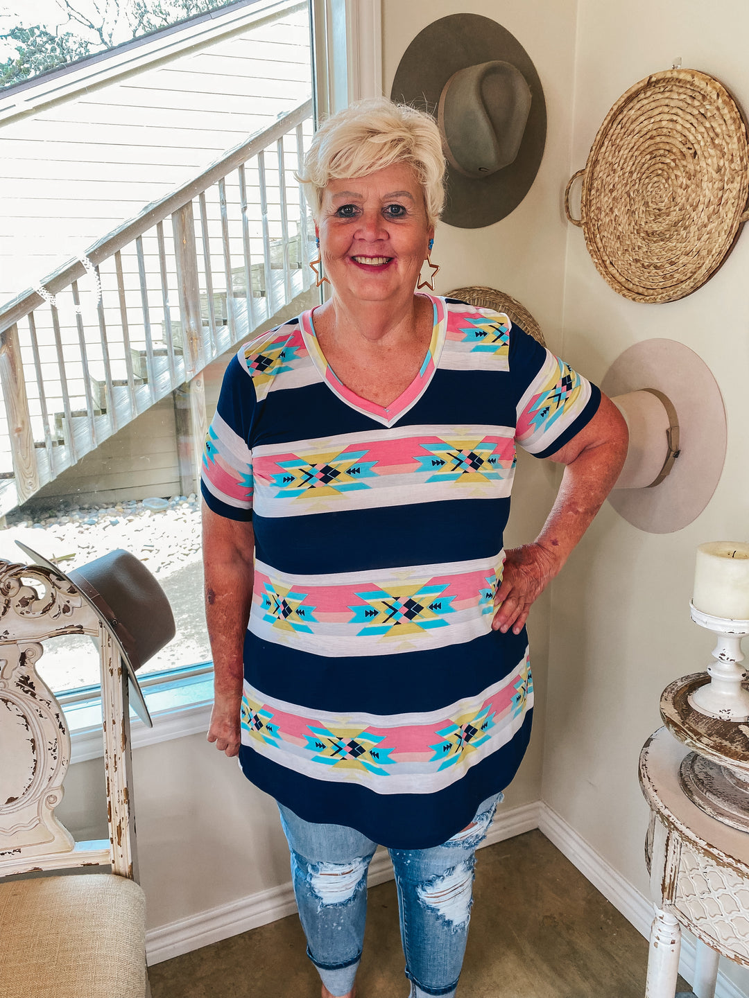 Last Chance Size Small & Med. | Keep Things Simple Horizontal Striped Aztec Print V Neck Tee in Navy - Giddy Up Glamour Boutique