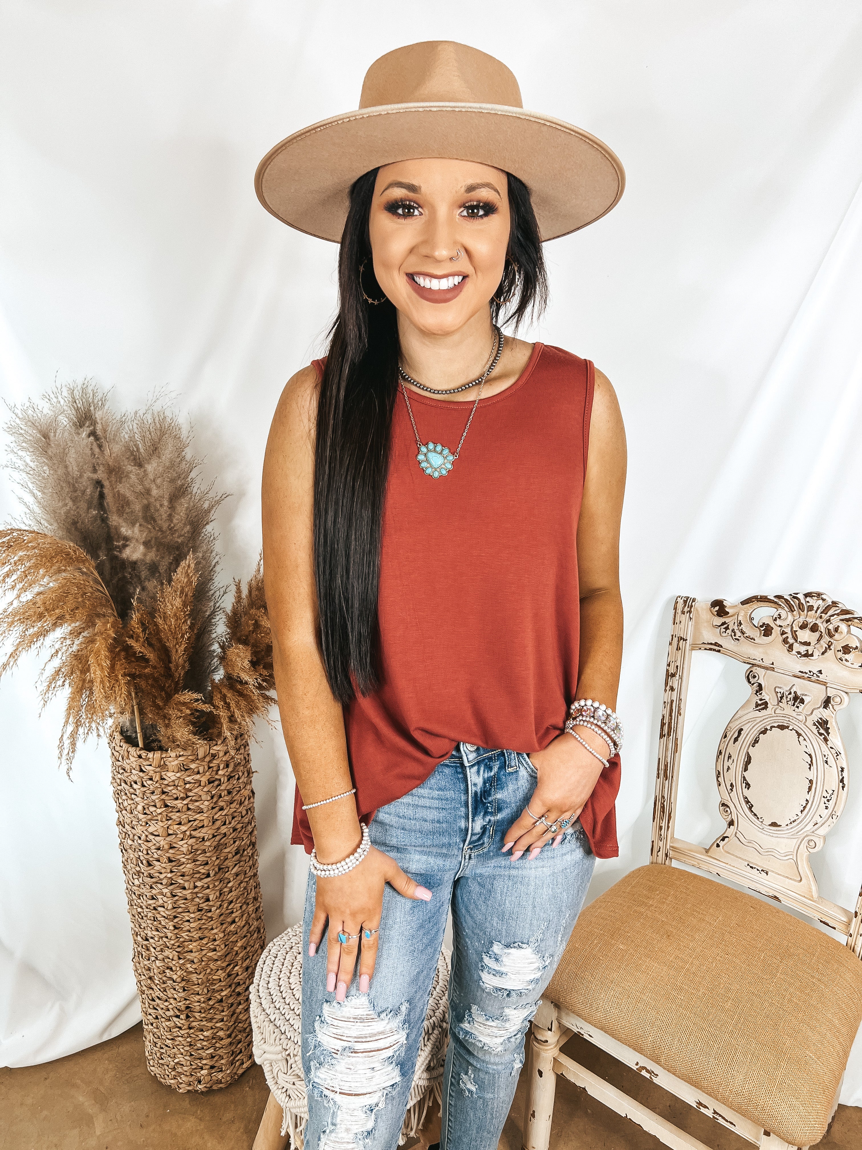 Give Me Joy Solid Knit A-Line Tank Top in Rust Red - Giddy Up Glamour Boutique