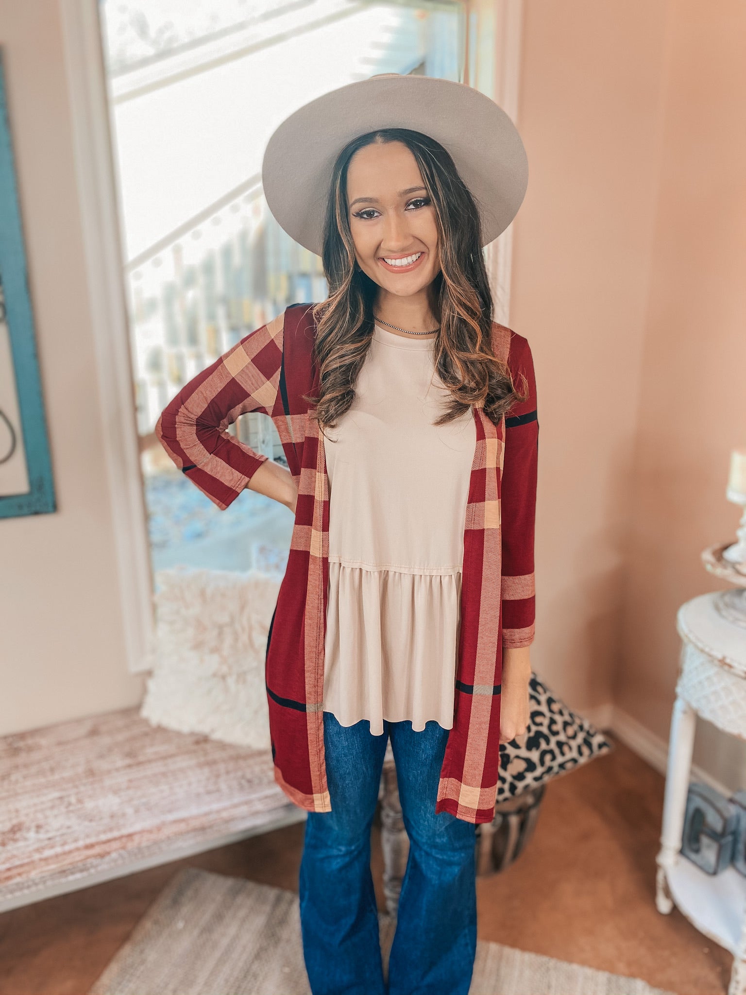 Online Exclusive | All Eyes On You Plaid Cardigan in Maroon - Giddy Up Glamour Boutique