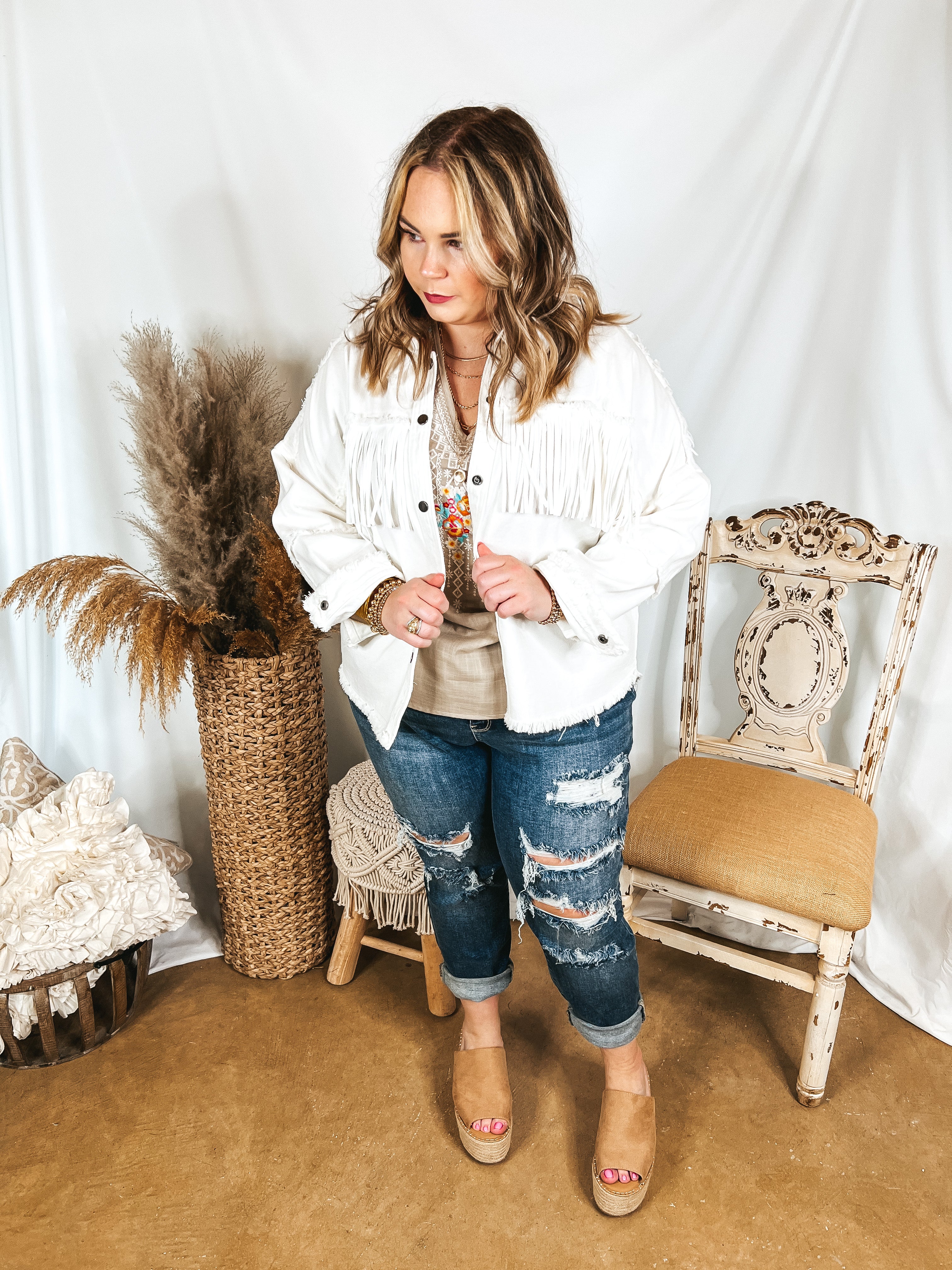 Not A Secret Fringe Button Up Jacket with Raw Hem in White - Giddy Up Glamour Boutique