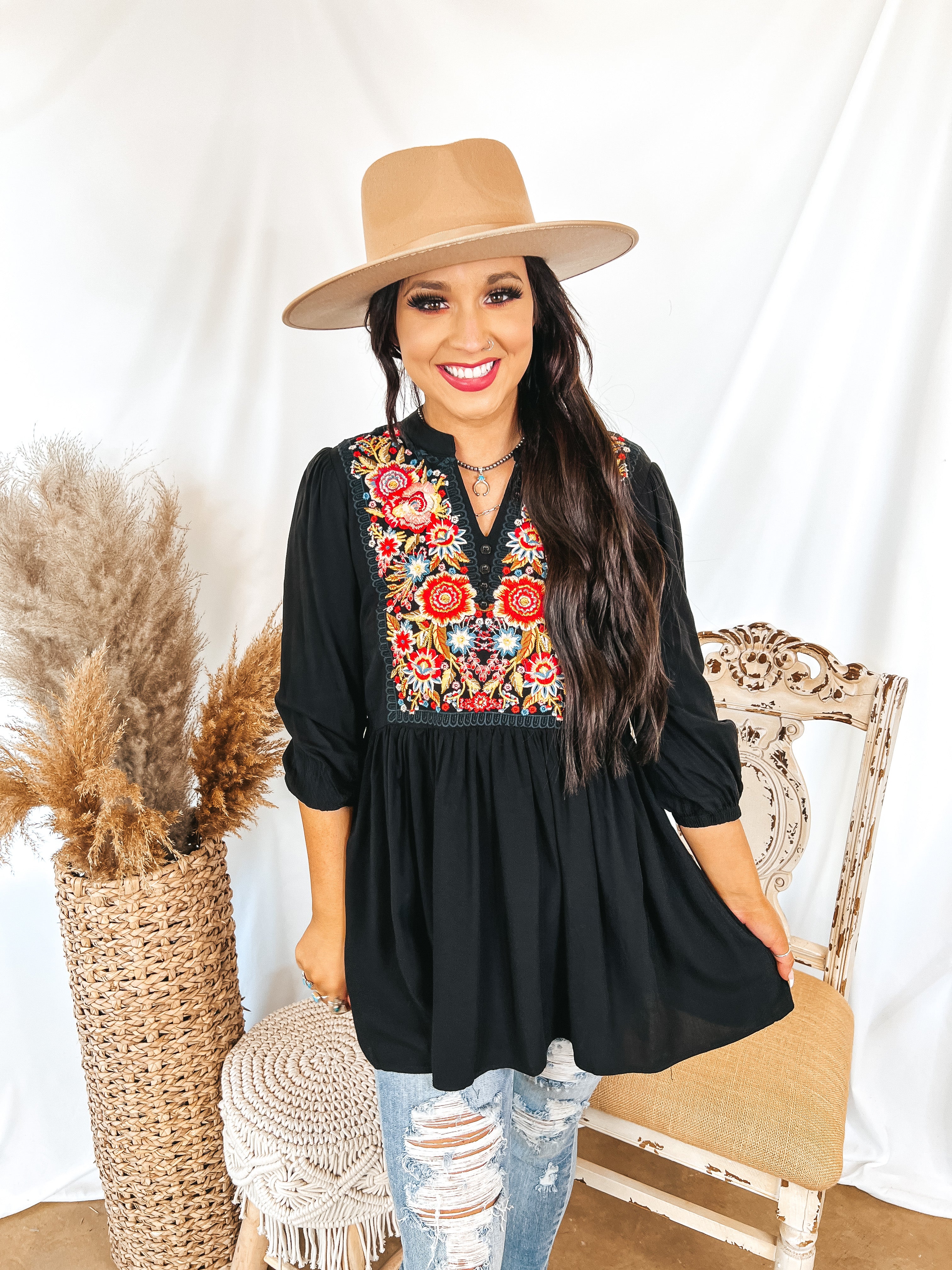 You're Invited Floral Embroidered Yoke Babydoll Top in Black - Giddy Up Glamour Boutique