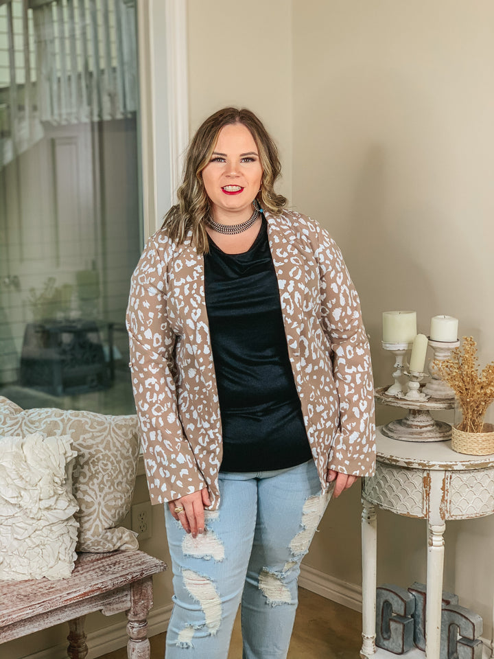 Out Of Office Leopard Print Open Front Blazer with Long Sleeves in Taupe - Giddy Up Glamour Boutique