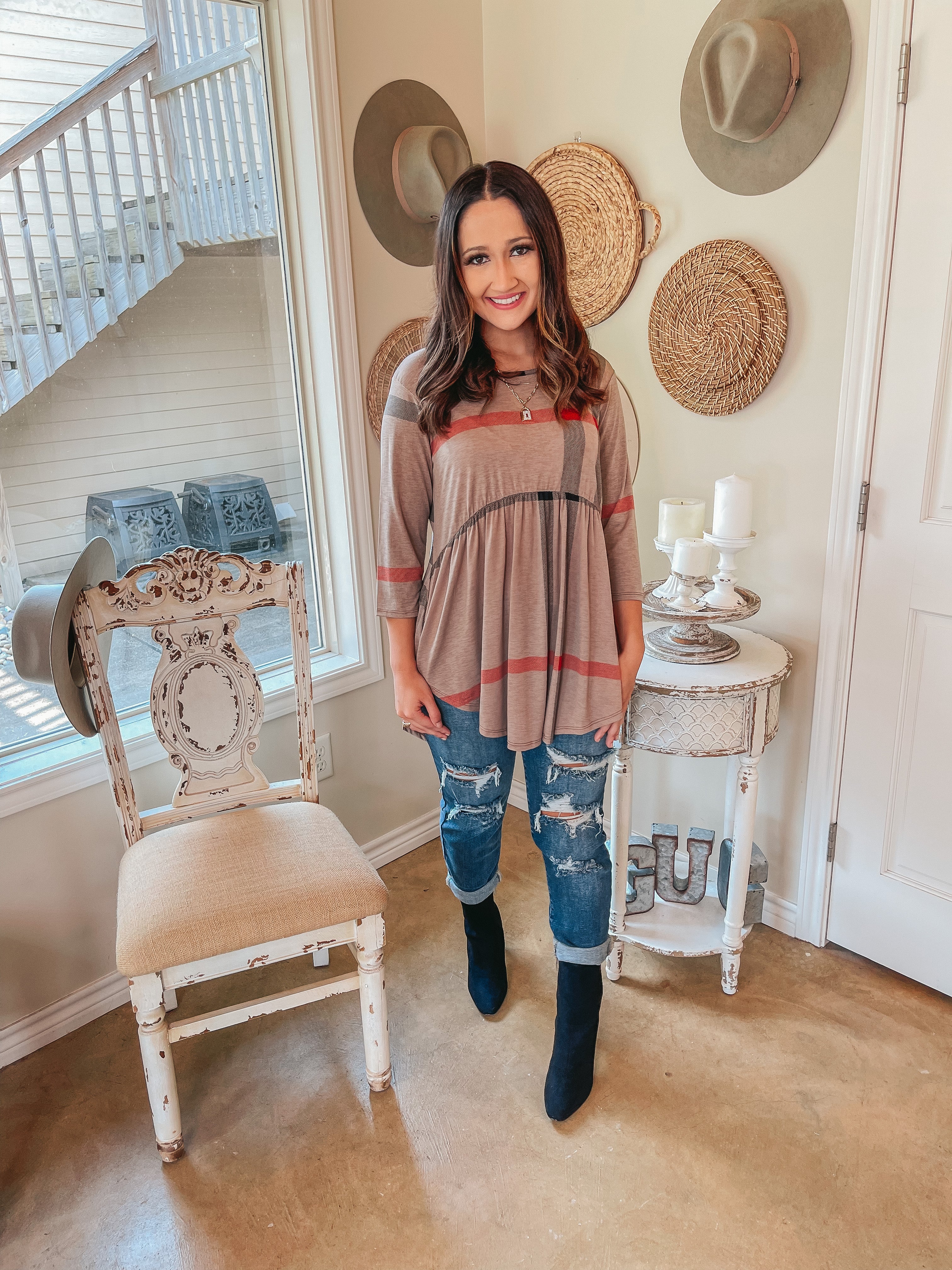 As You Wish Plaid Baby Doll Top in Taupe - Giddy Up Glamour Boutique