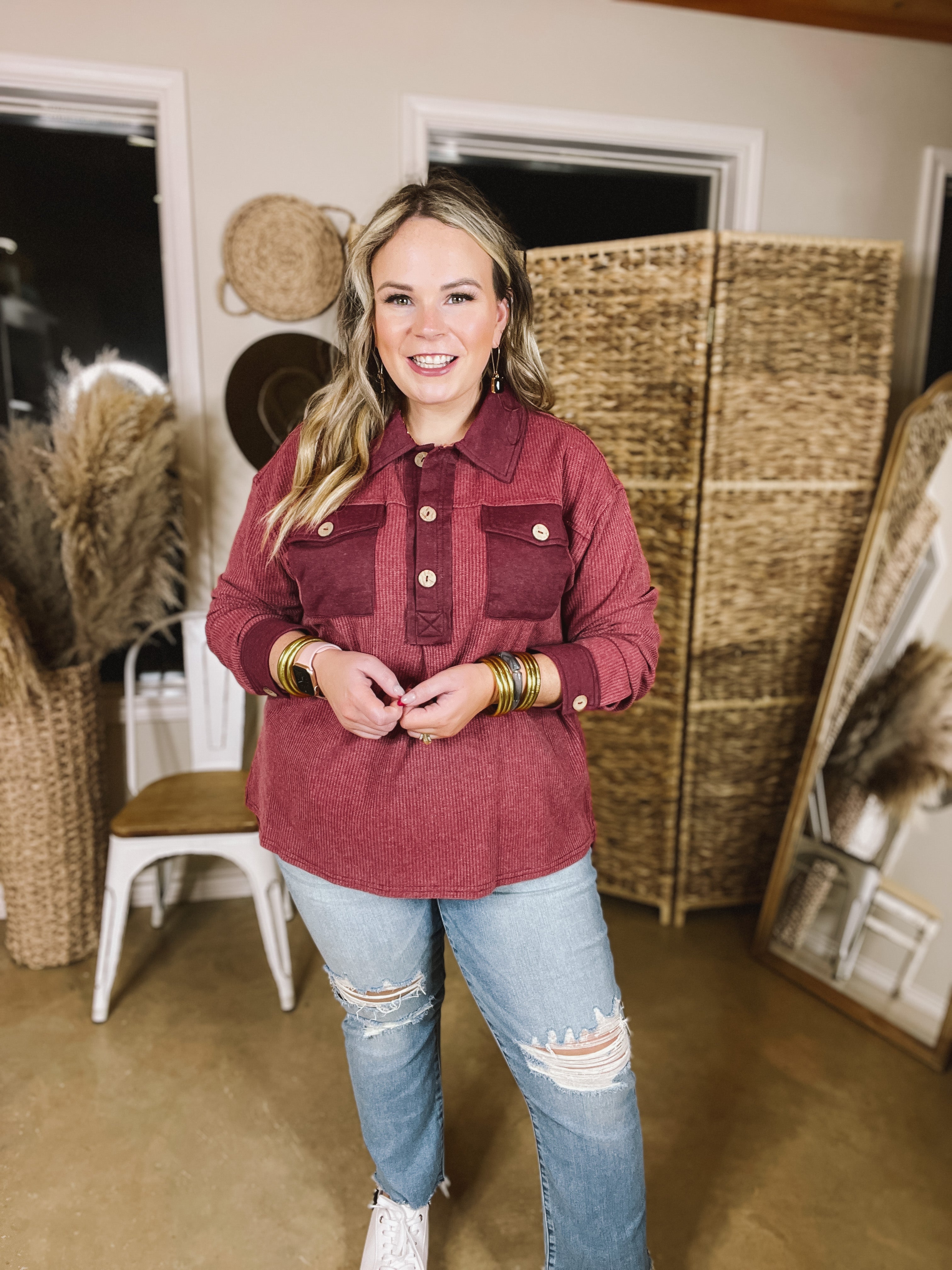 Cozy Welcome Waffle Knit Collared Top with Long Sleeves in Maroon - Giddy Up Glamour Boutique
