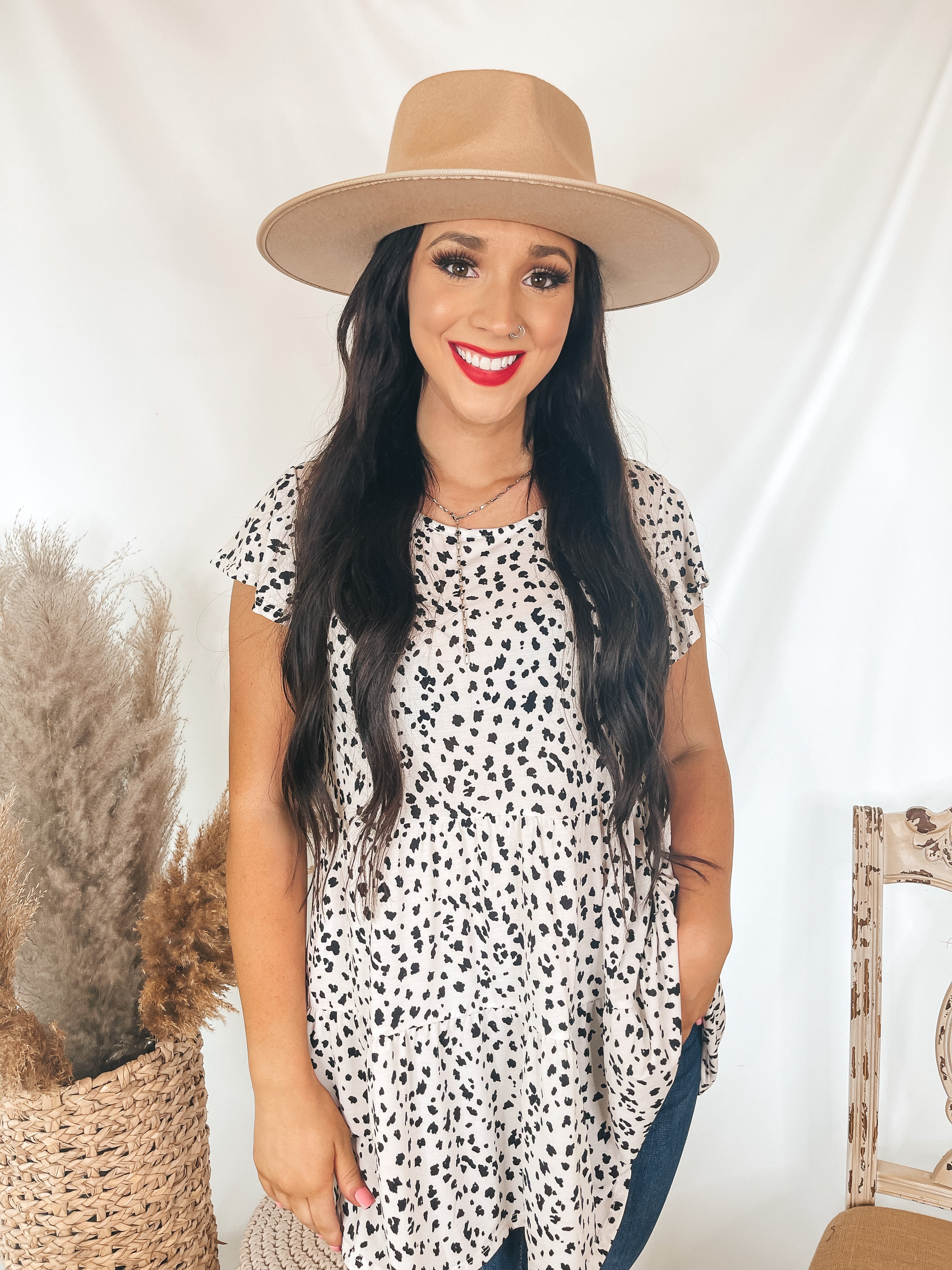 Treat it Right Three Tiered Dotted Leopard Print Babydoll Top with Ruffle Cap Sleeves in White - Giddy Up Glamour Boutique