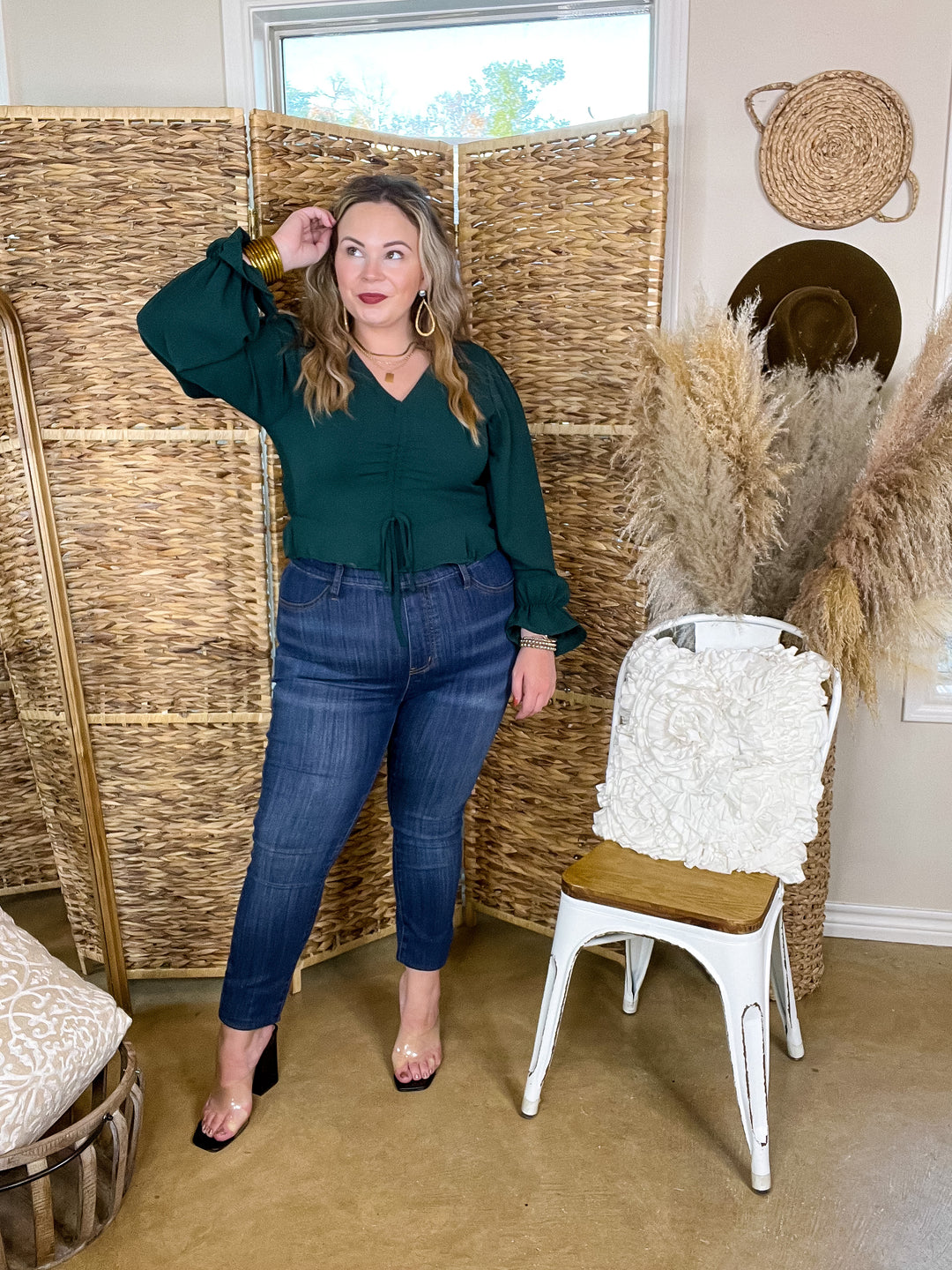 Authentic Aura Ruched Front Peplum Crop Top with Long Sleeves in Forest Green - Giddy Up Glamour Boutique