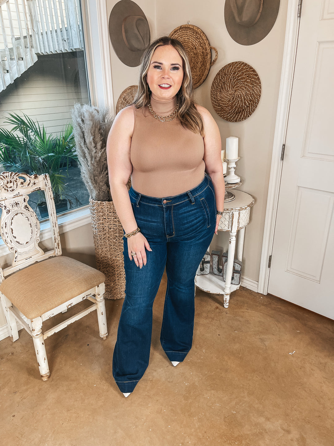 Love and Luck Turtle Neck Ribbed Tank Top Bodysuit in Nude - Giddy Up Glamour Boutique