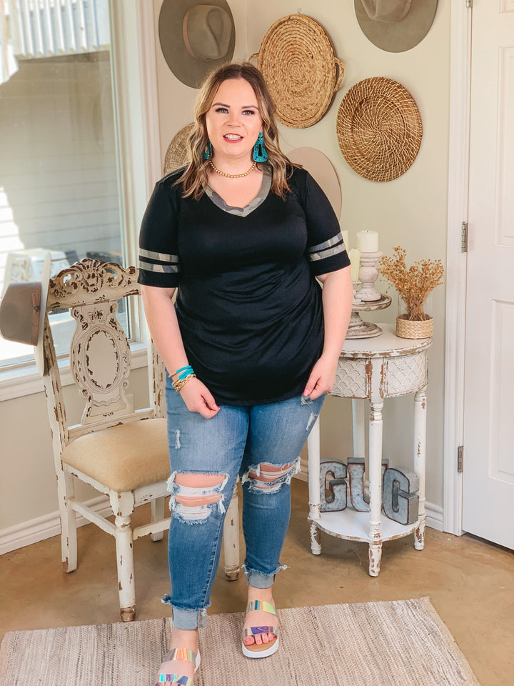 Last Chance Size Small | Divine Comfort Camouflage Detail V Neck Tee in Black - Giddy Up Glamour Boutique