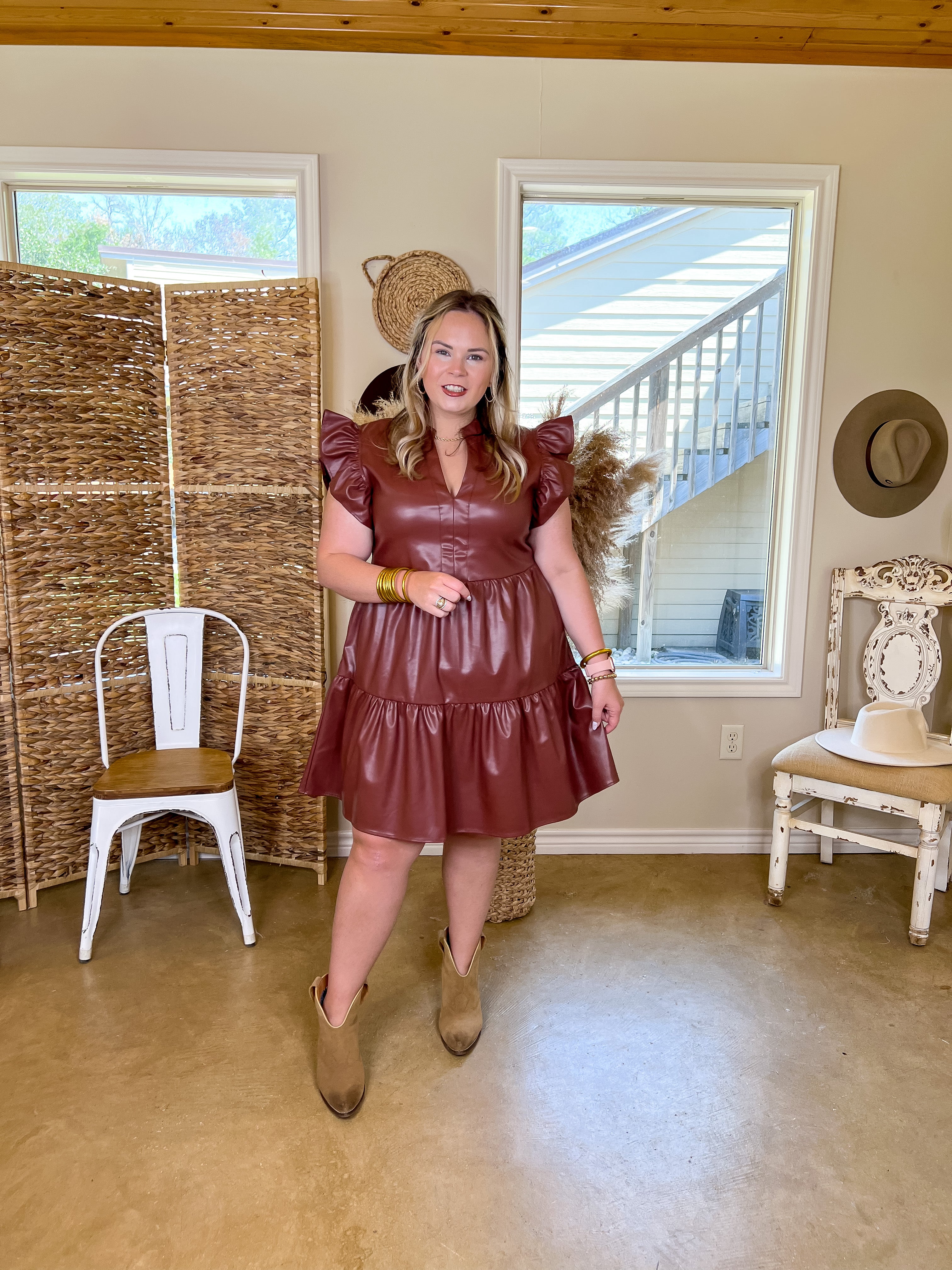 Magnolia Morning Ruffle Cap Sleeve Faux Leather Short Dress in Brown - Giddy Up Glamour Boutique