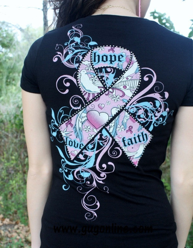 Last Chance Size Small | Love, Hope, Faith Breast Cancer Short Sleeve Tee - Giddy Up Glamour Boutique