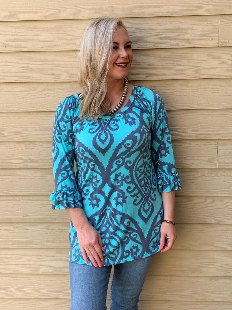 Turquoise and Grey Damask Tunic - Giddy Up Glamour Boutique