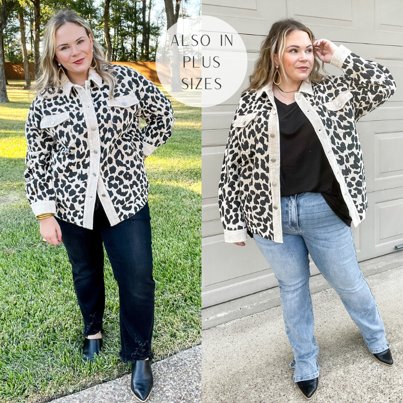 Model is wearing a beige corduroy jacket with a black leopard print. Model has it paired with black jeans, black mules, and gold jewelry on the left side of the photo. Model has it shown open with a black top and paired with light wash jeans, black mules, and gold jewelry on the right side of the photo. 