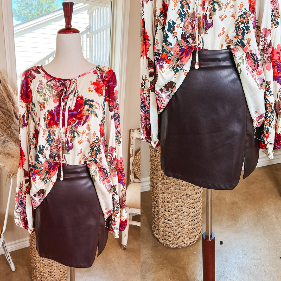 All the Buzz Faux Leather Side Slit Mini Skirt in Chocolate Brown - Giddy Up Glamour Boutique