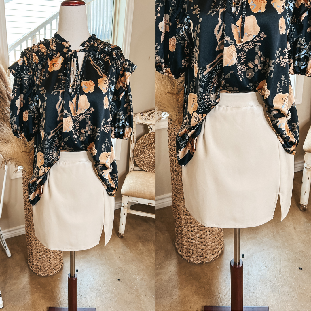 All the Buzz Faux Leather Side Slit Mini Skirt in Cream - Giddy Up Glamour Boutique