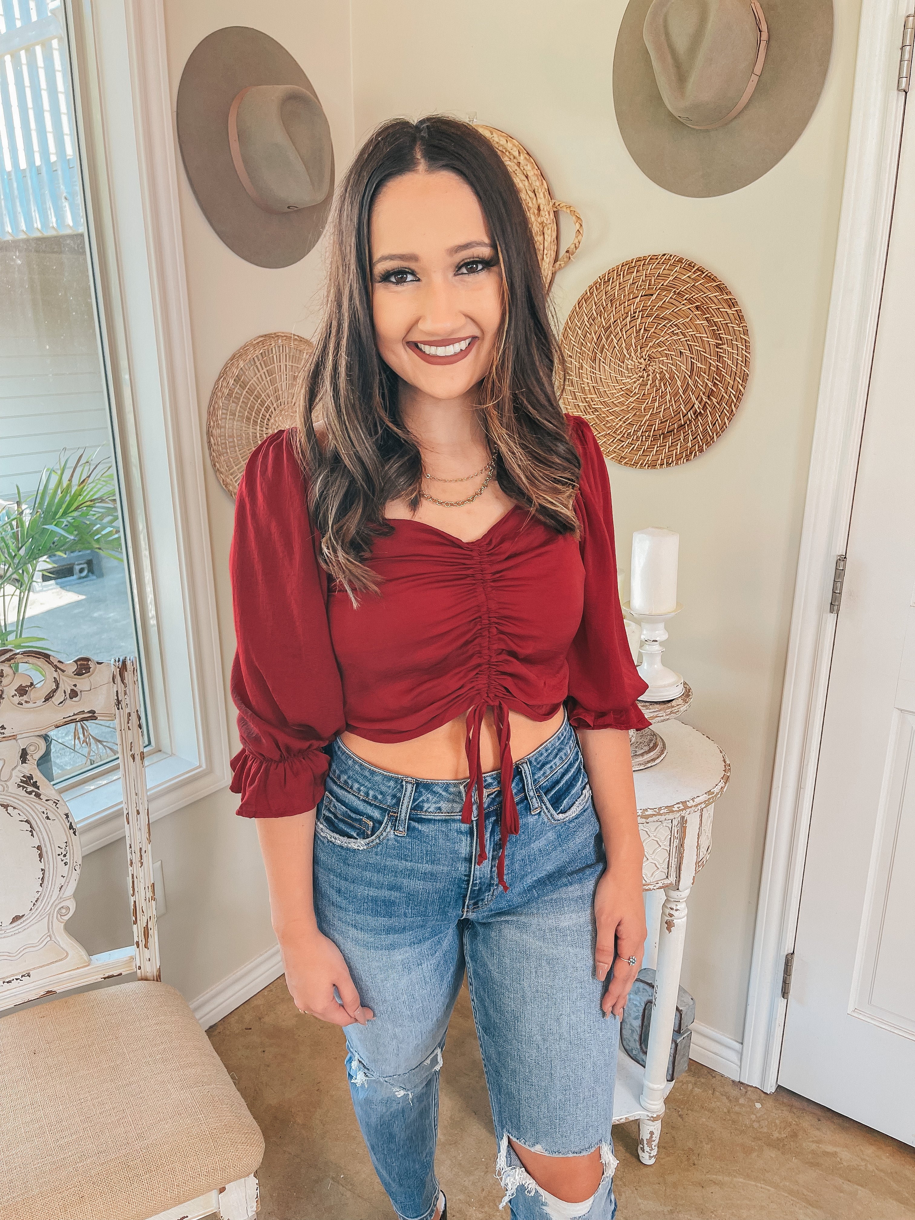 Getting Real Ruched Front Tie Half Sleeve Crop Top in Garnet Red - Giddy Up Glamour Boutique