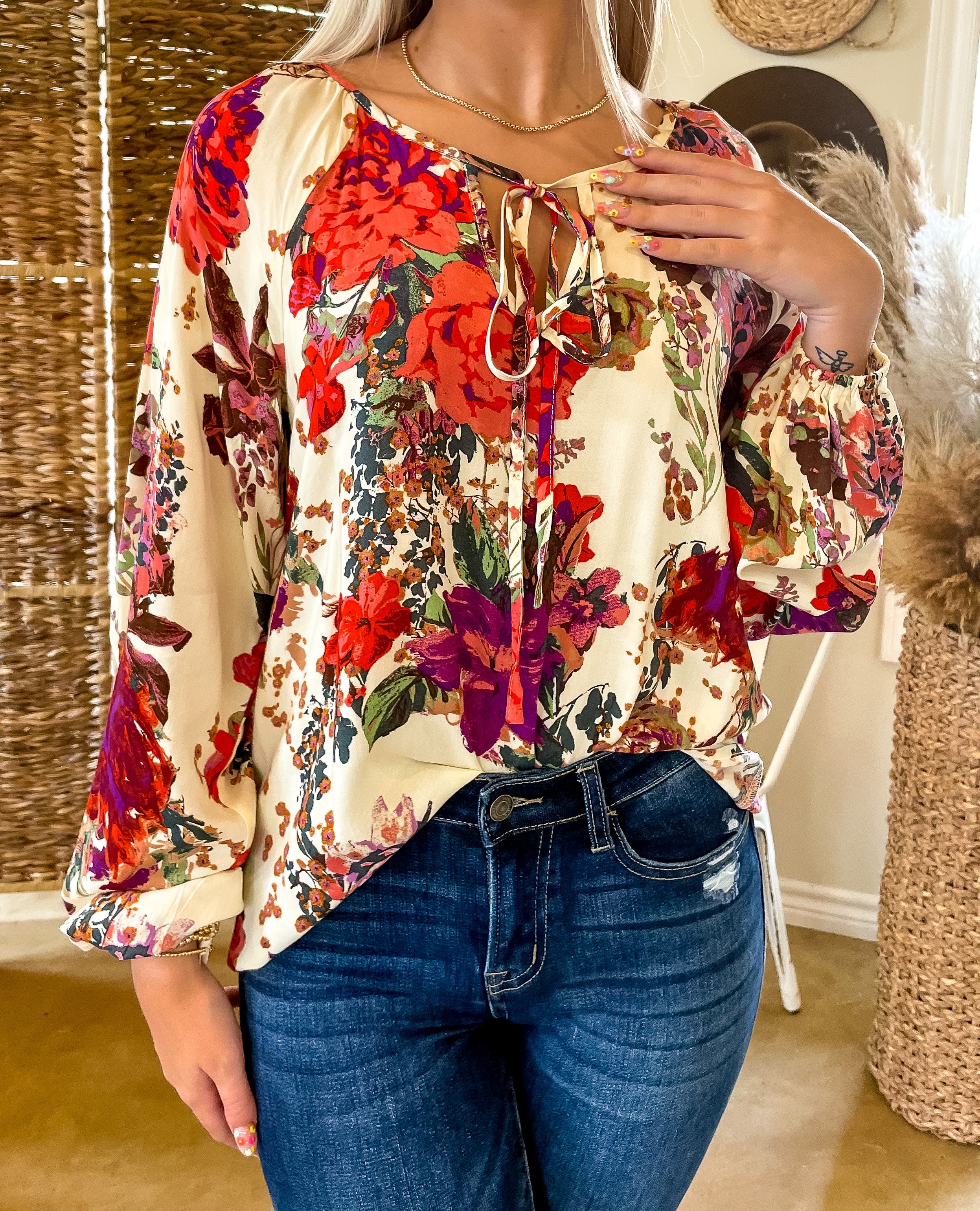 Everyday Beauty Floral Print Long Sleeve Top with Front Keyhole in Ivory - Giddy Up Glamour Boutique