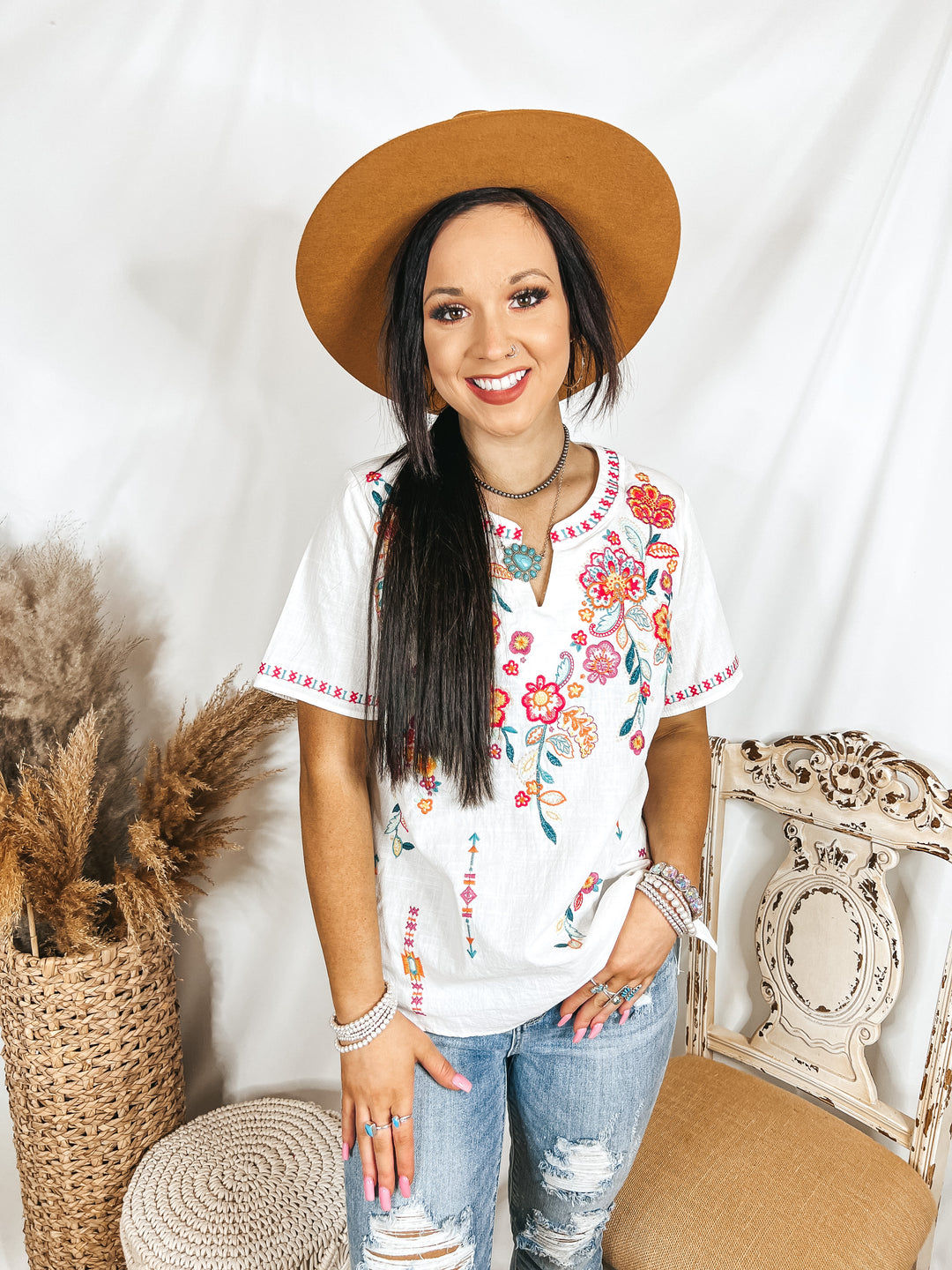 Shaken or Stirred Floral Embroidered Notched Neck Top in White - Giddy Up Glamour Boutique