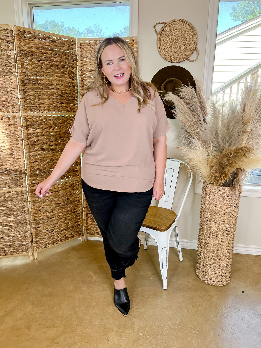 Lovely Dear V Neck Short Sleeve Solid Top in Beige - Giddy Up Glamour Boutique