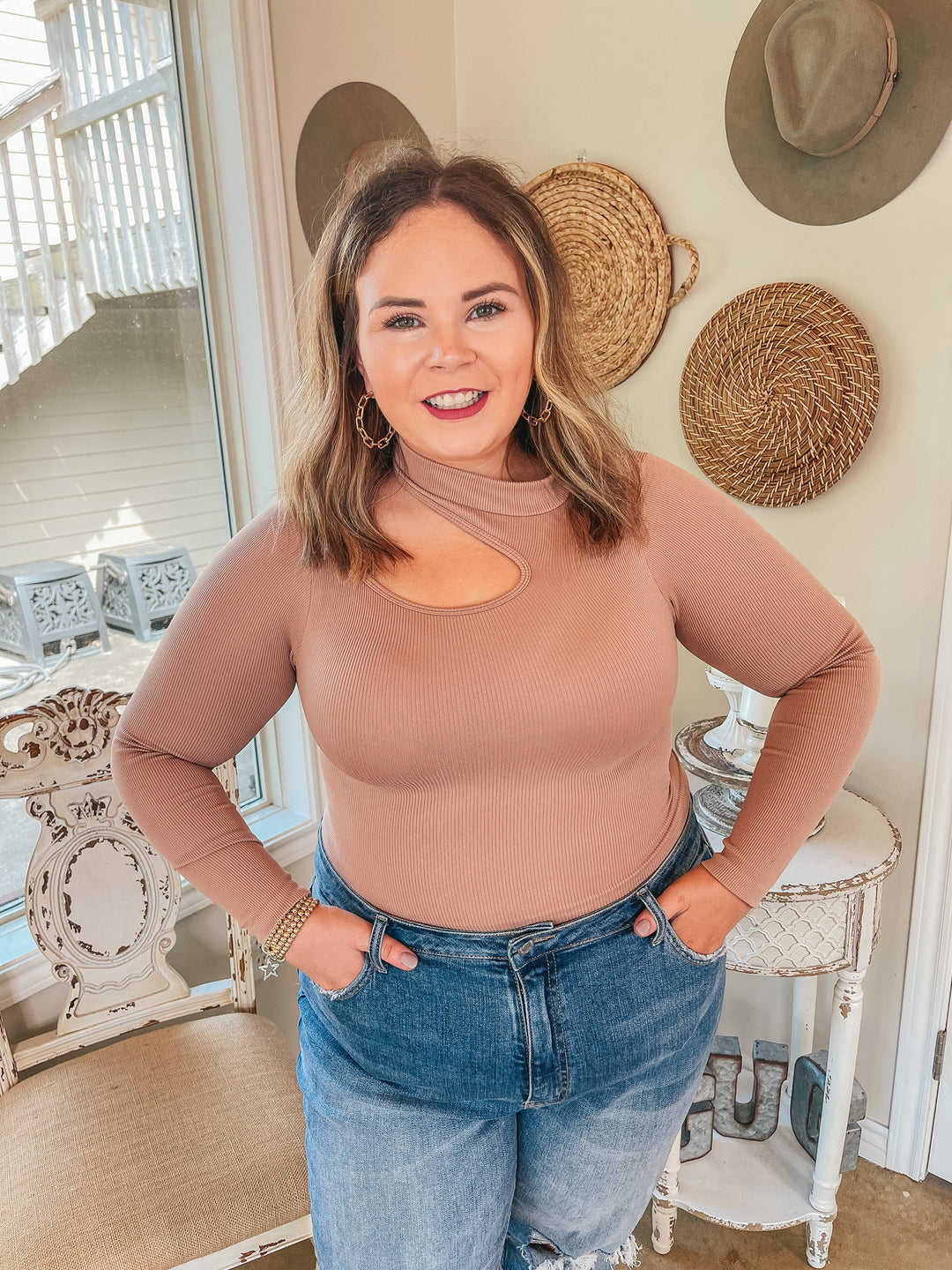 Day Glow Mockneck Cut Out Long Sleeve Crop Top in Nude - Giddy Up Glamour Boutique