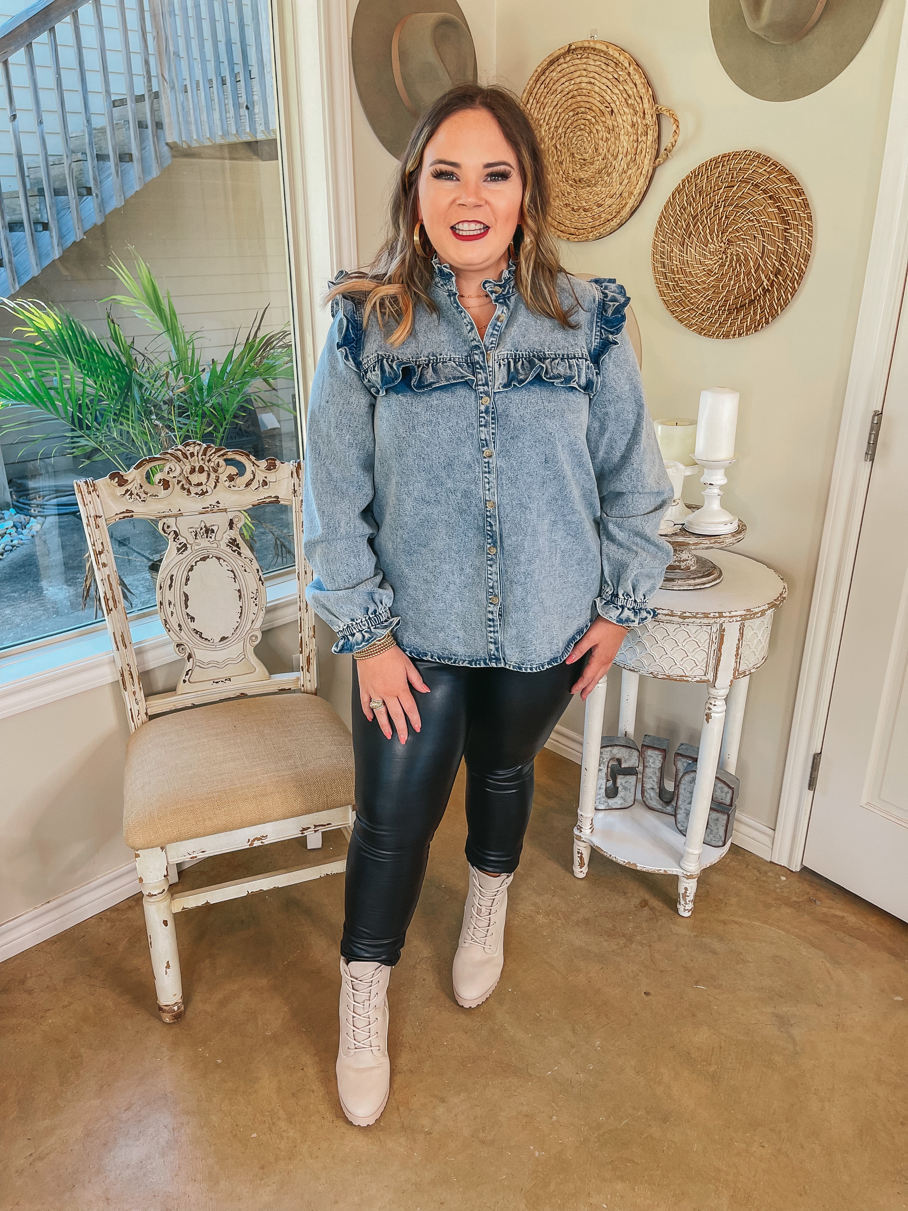 Full of Affection Ruffle Detail Button Up Long Sleeve Denim Top in Light Wash - Giddy Up Glamour Boutique