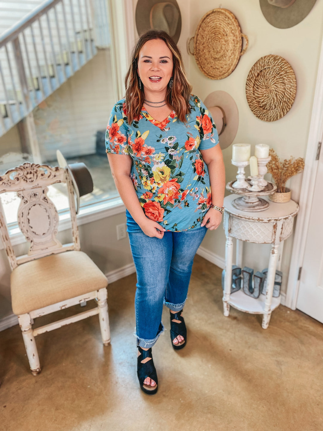 Keep Things Simple Floral V Neck Tee in Sky Blue - Giddy Up Glamour Boutique