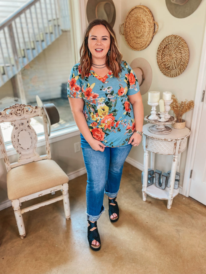 Keep Things Simple Floral V Neck Tee in Sky Blue - Giddy Up Glamour Boutique
