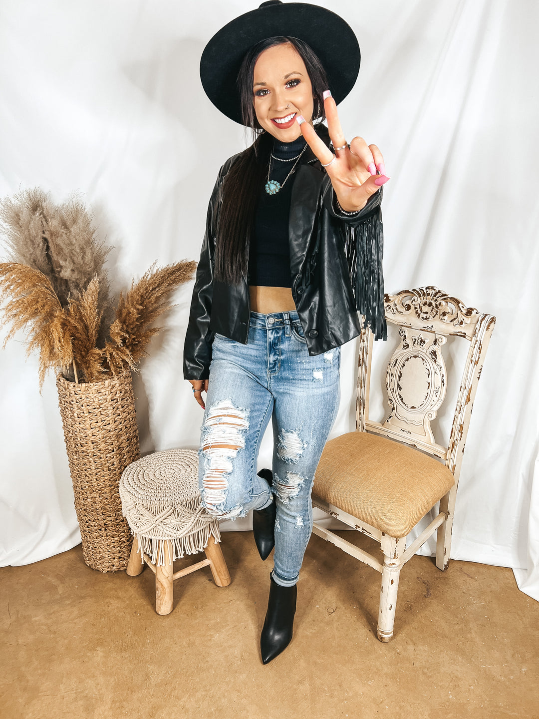 Off the Record Faux Leather Fringe Jacket in Black - Giddy Up Glamour Boutique