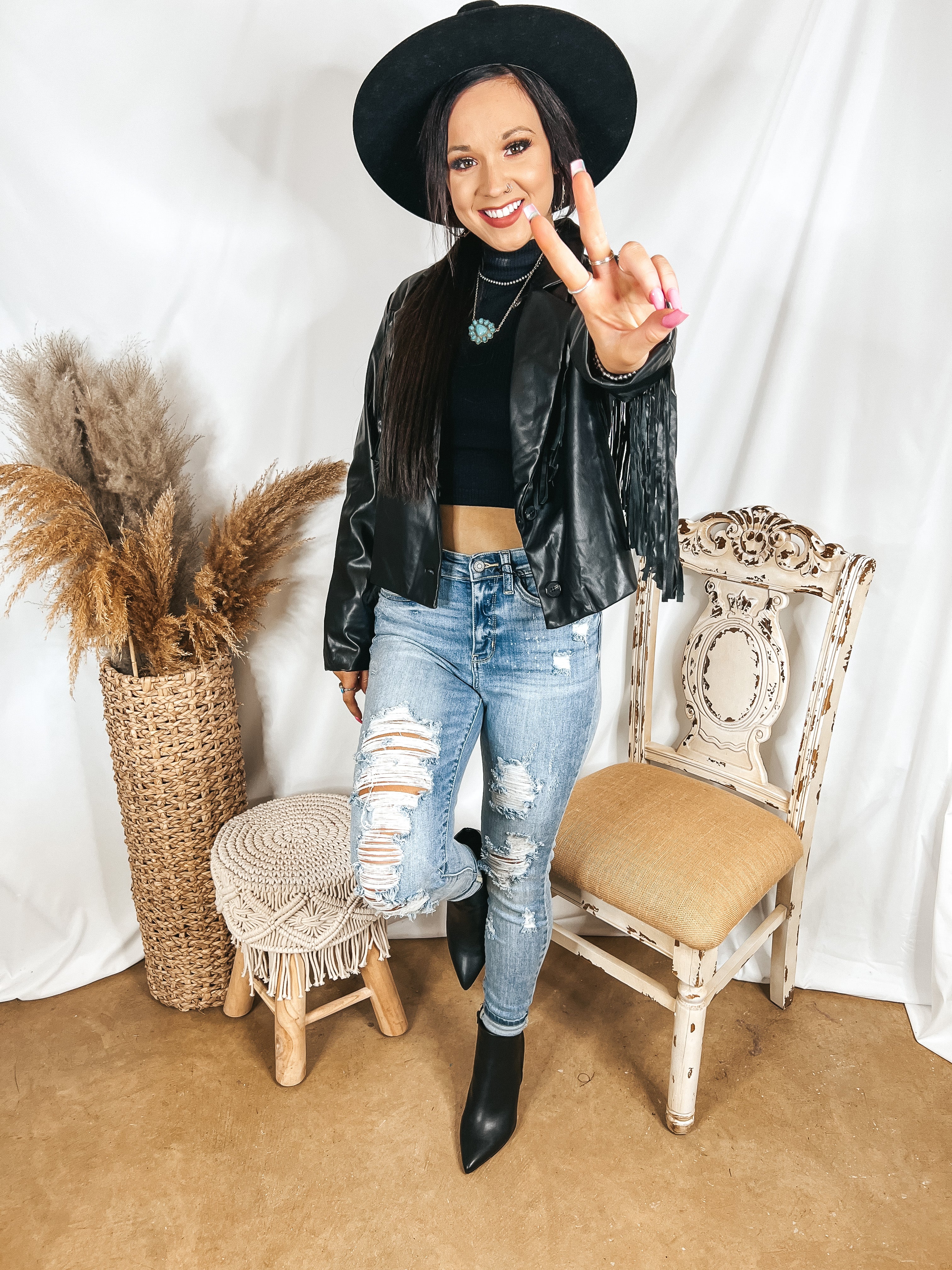 Off the Record Faux Leather Fringe Jacket in Black - Giddy Up Glamour Boutique