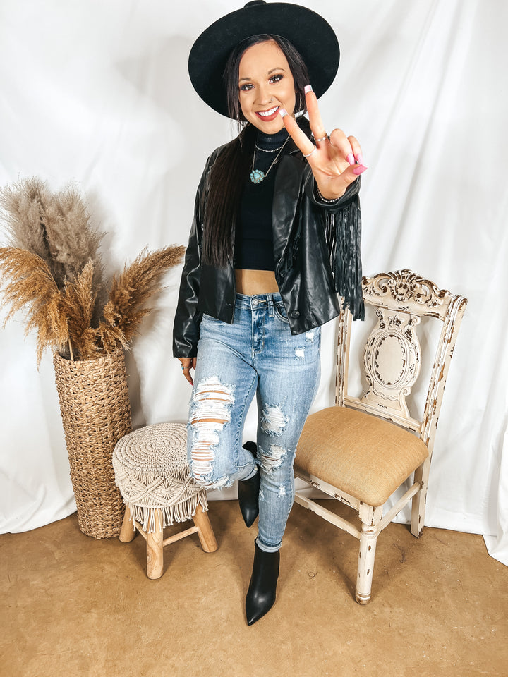 Off the Record Faux Leather Fringe Jacket in Black - Giddy Up Glamour Boutique
