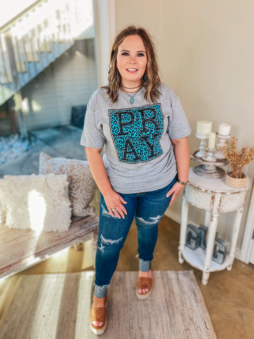 Last Chance Size Small & Med. | Pray Turquoise Leopard Short Sleeve Graphic Tee in Heather Grey - Giddy Up Glamour Boutique